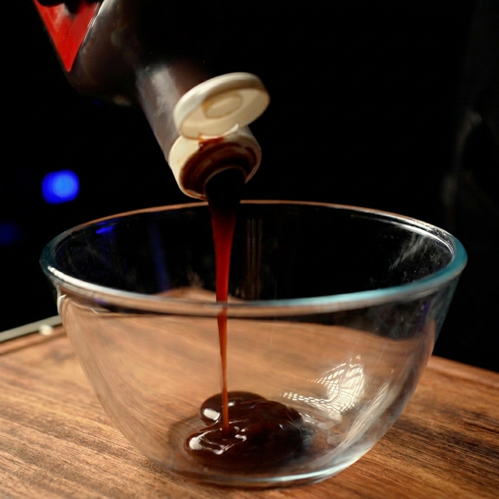 Une sauce épaisse, brillante et brun rougeâtre remuée dans un bol en verre transparent.
