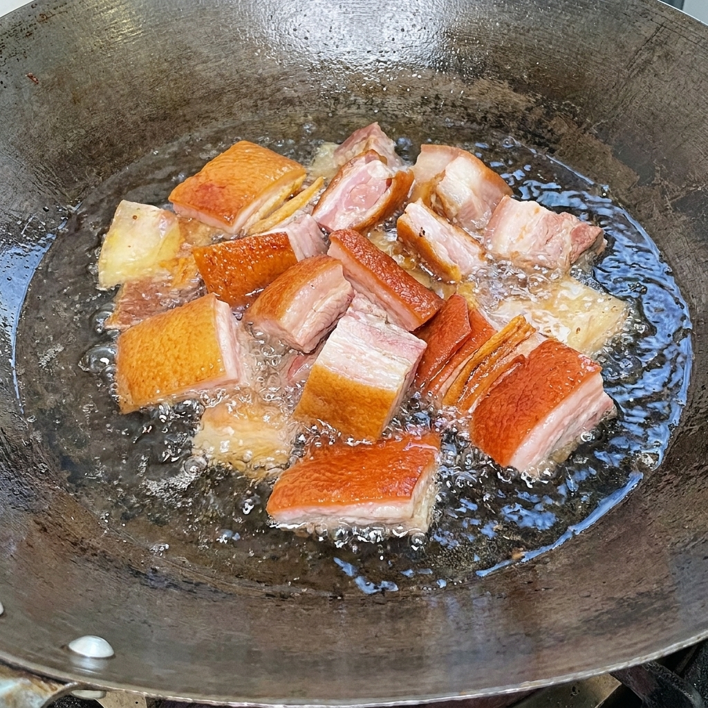 Morceaux de travers fumés blanchis dans de leau bouillante dans un grand wok.