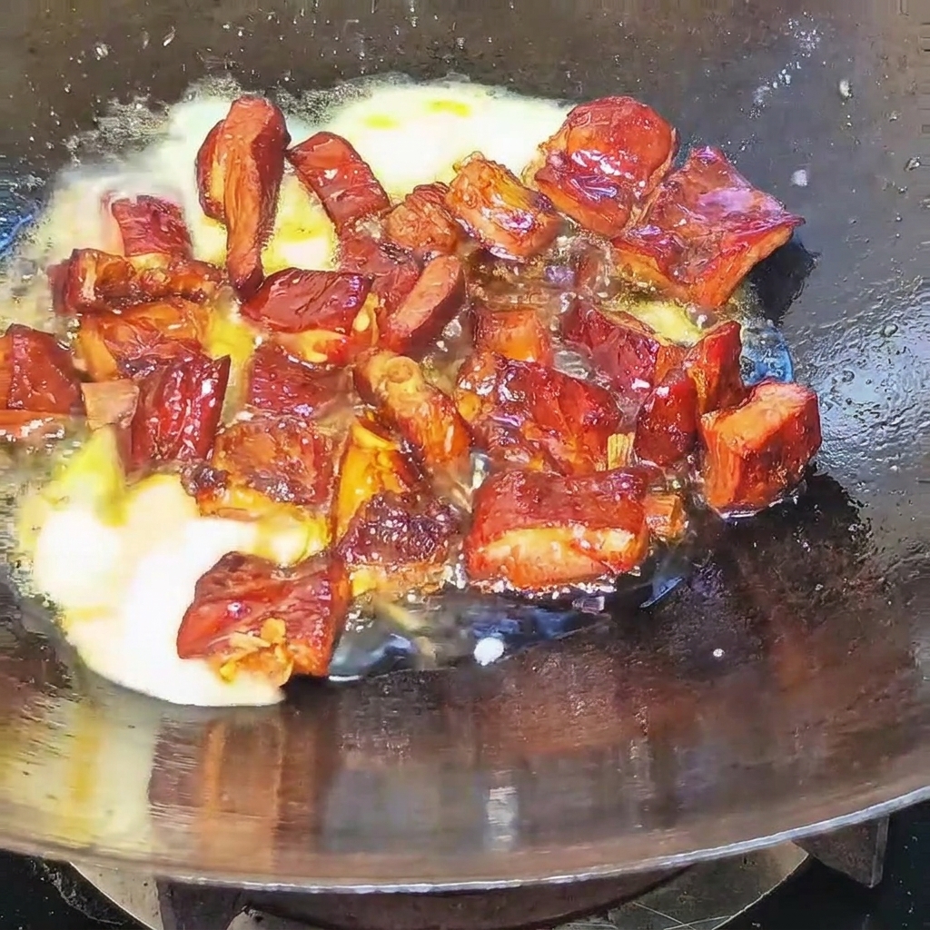 Bière versée dans un wok chaud contenant les travers sautés, créant un bouillon bouillonnant.