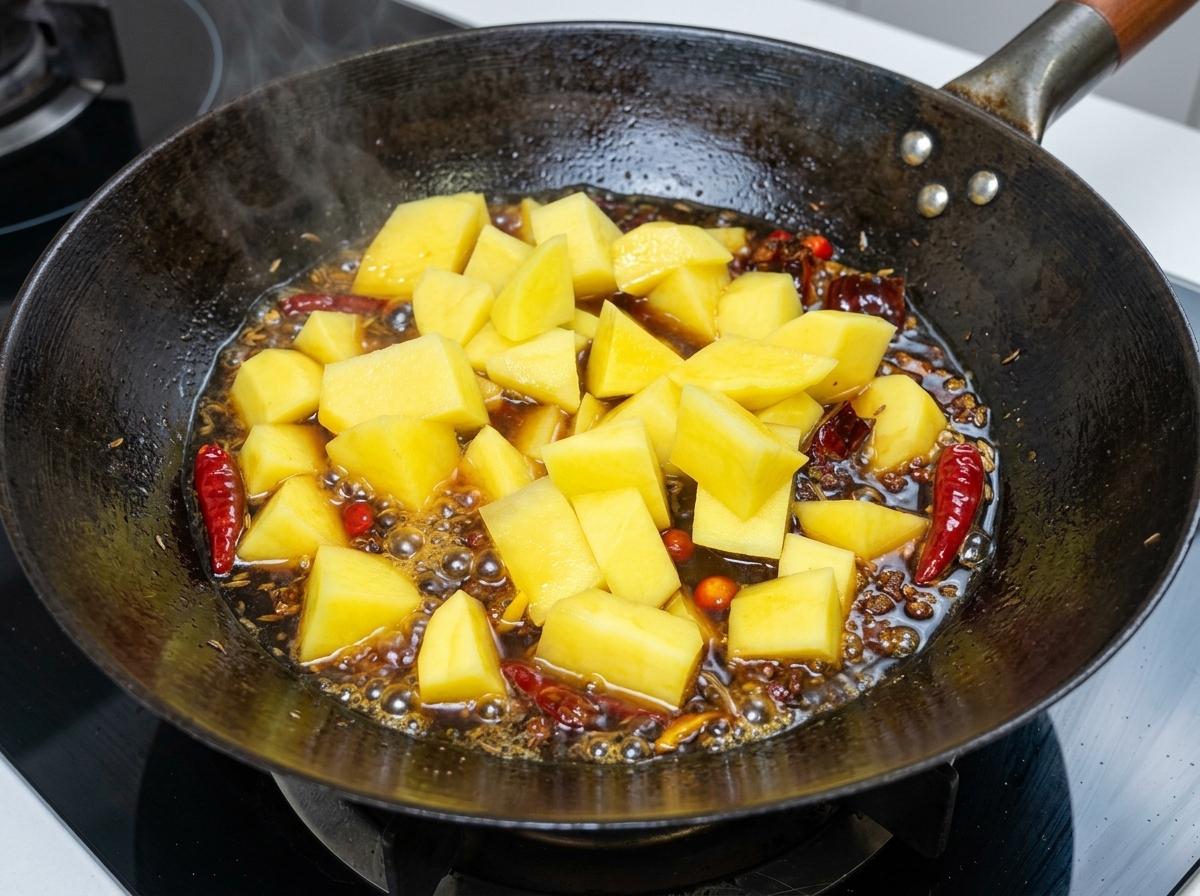 Morceaux de pommes de terre fraîchement coupés ajoutés dans un wok de travers et bouillon épicé.
