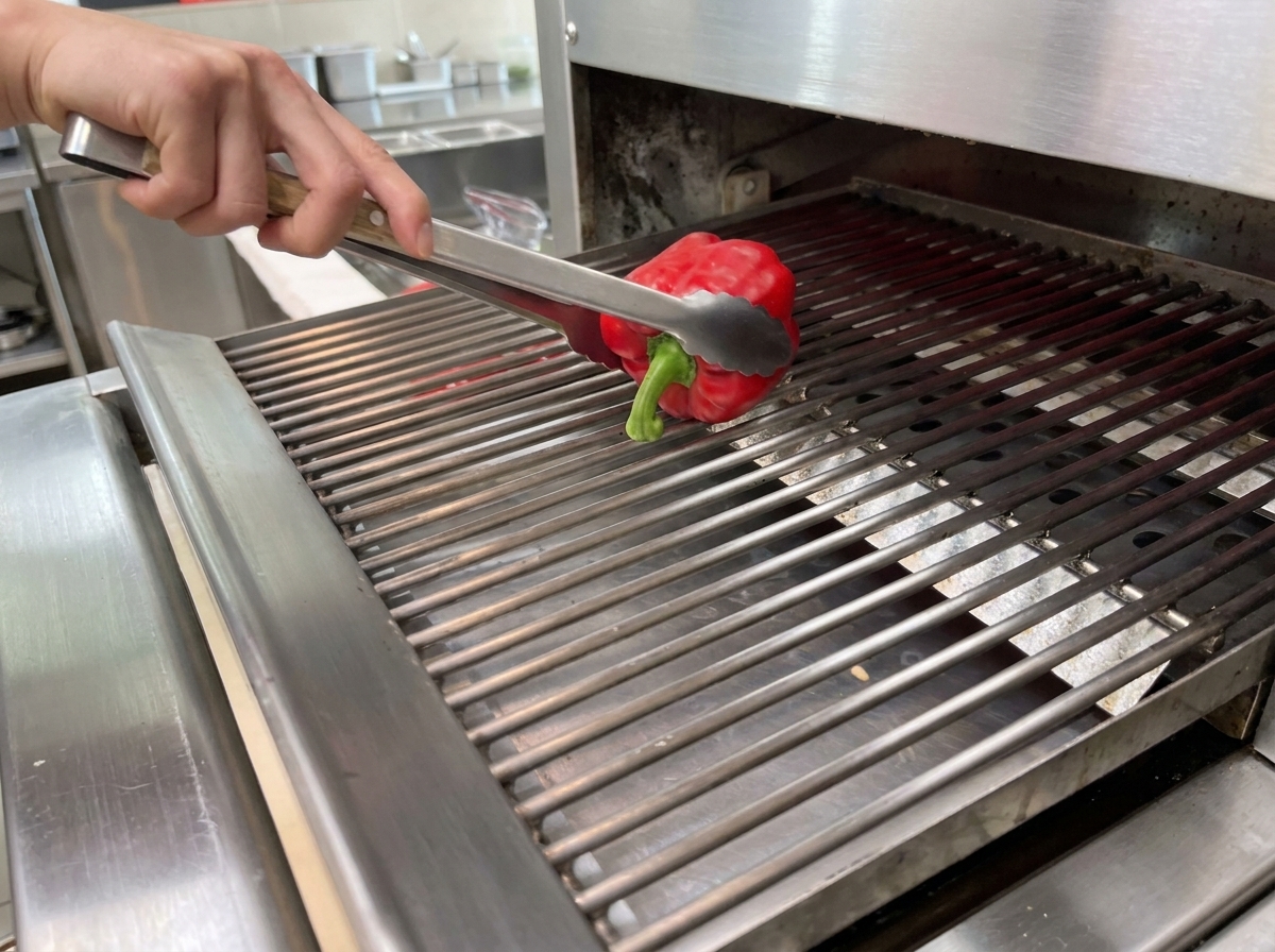 Poivrons rouges frais sur une grille de barbecue chaude avec des peaux carbonisées et boursouflées.