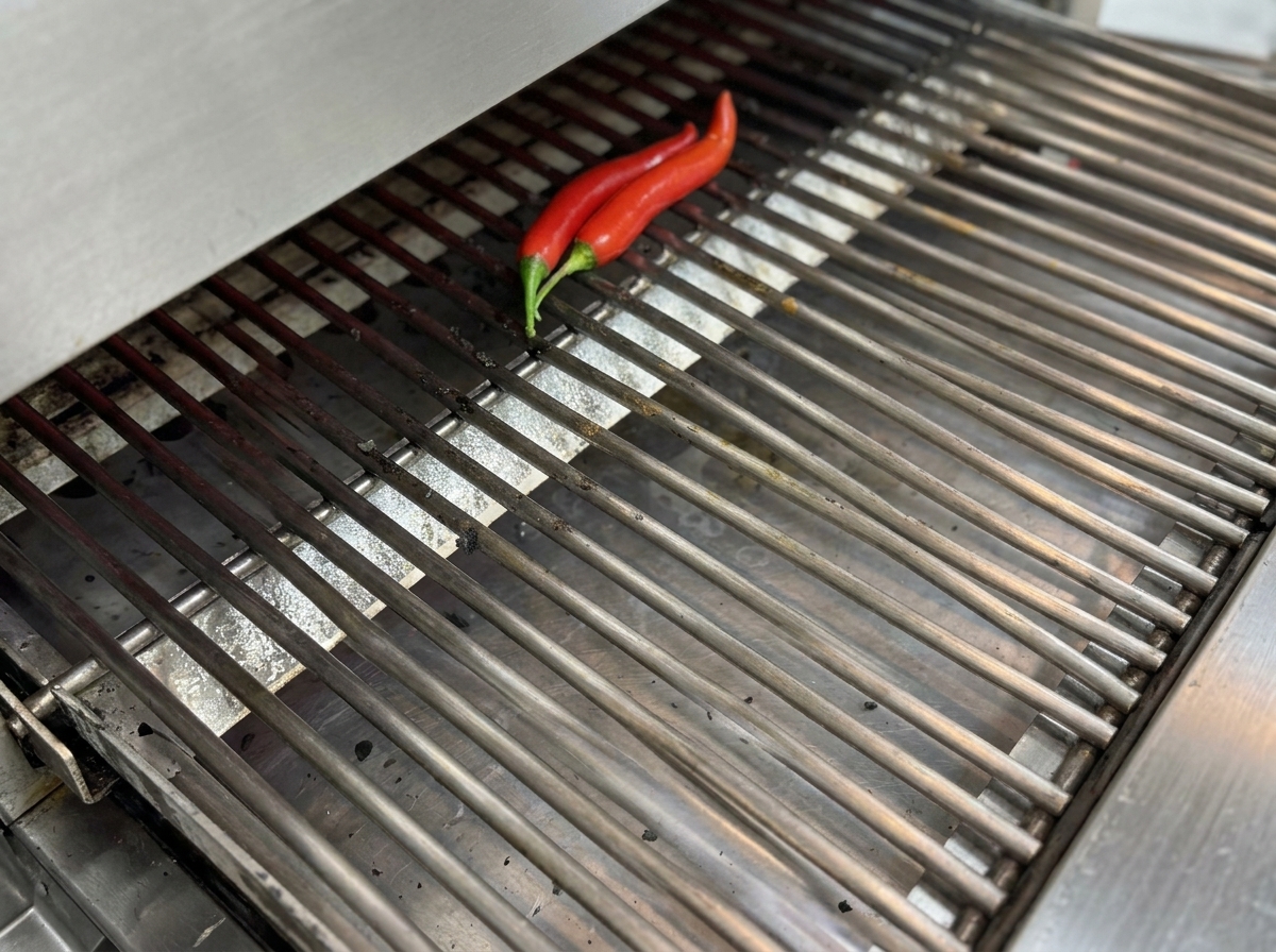 Piments rouges en train de griller sur la grille avec des peaux boursouflées.