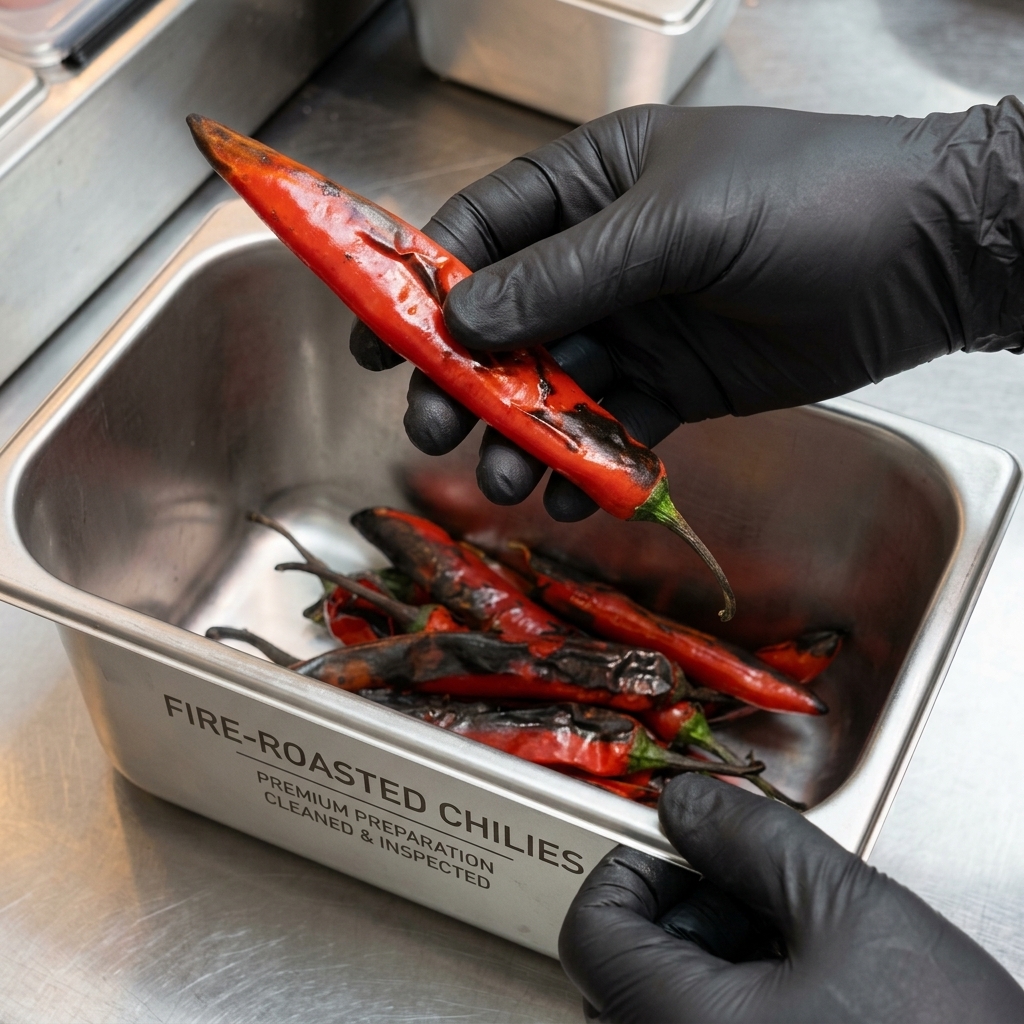 Piment rouge rôti et épluché dont on retire les graines de la cavité.