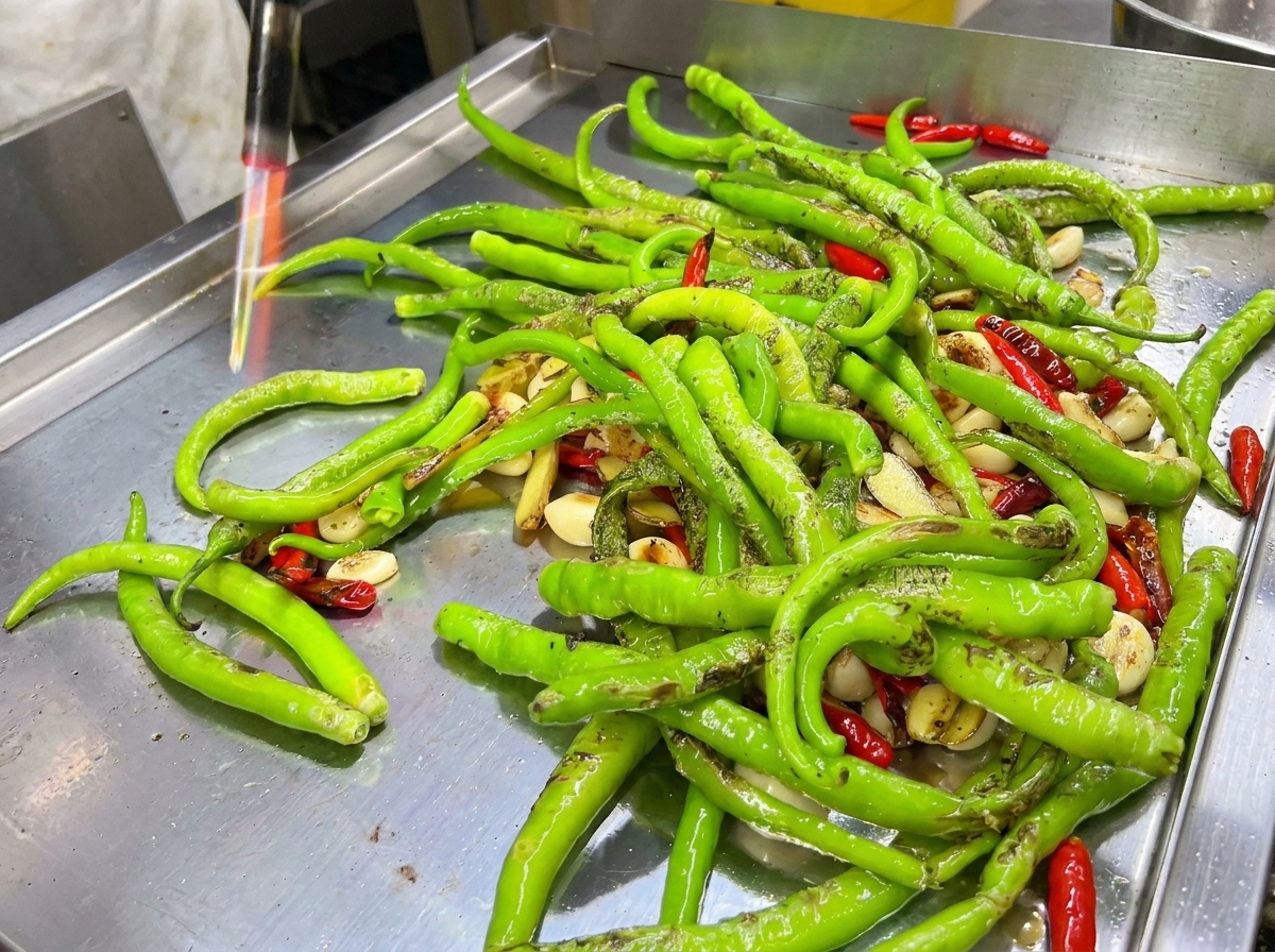 Un grand tas de piments rouges et verts sur la plaque à côté de lail.
