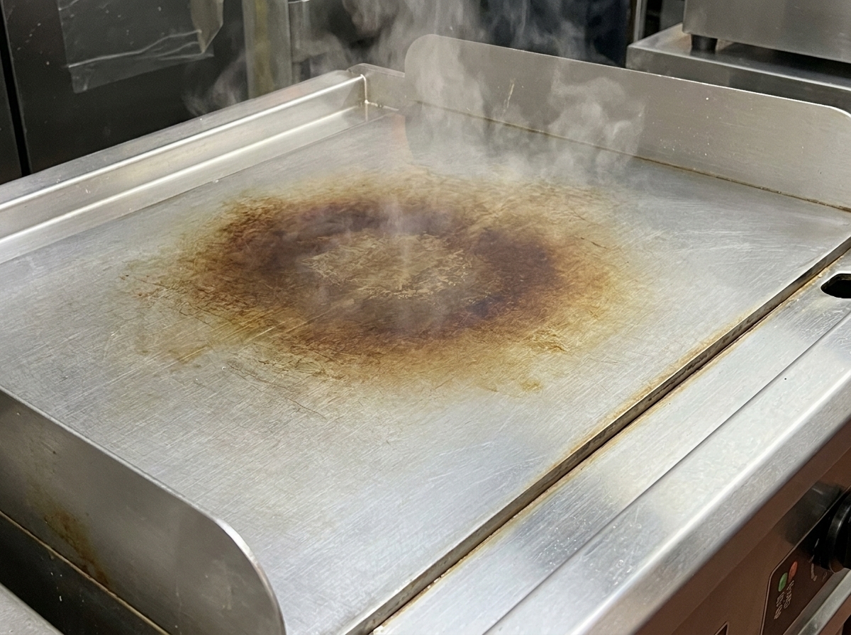 Une spatule métallique mélangeant les piments assaisonnés sur la plaque chaude.