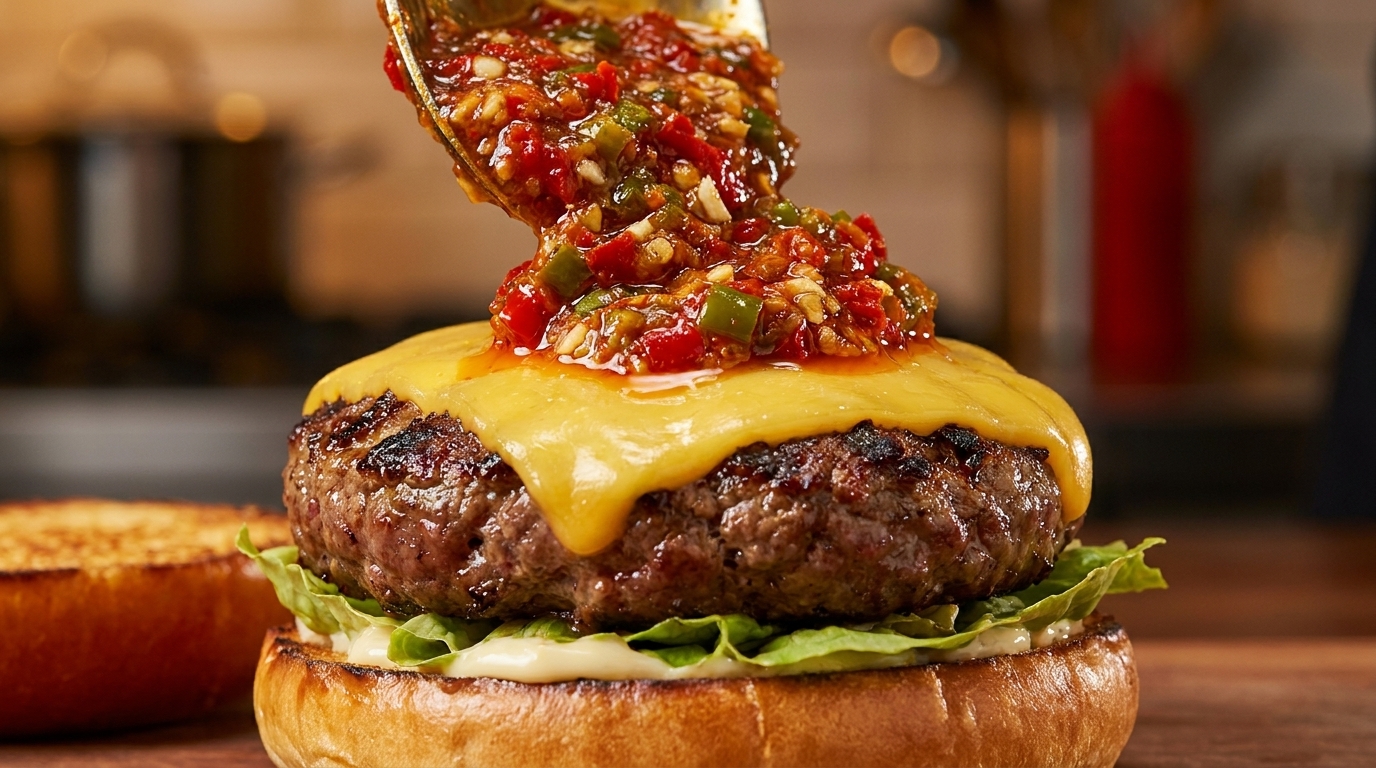 Un burger de bœuf gastronomique couronné dune sauce aux piments rôtis vibrante et de fromage fondu.