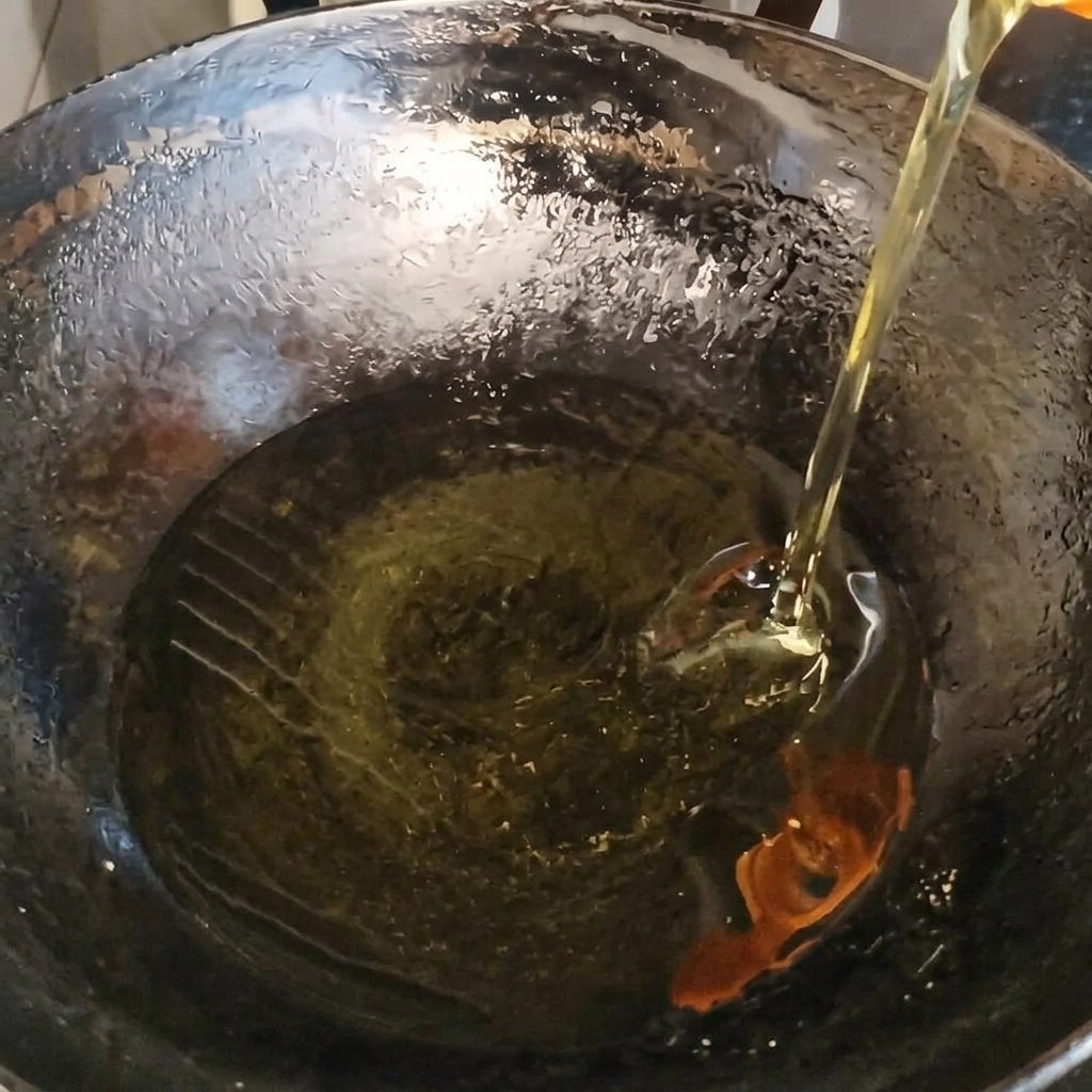 Lail émincé grésille dans lhuile chaude du wok.