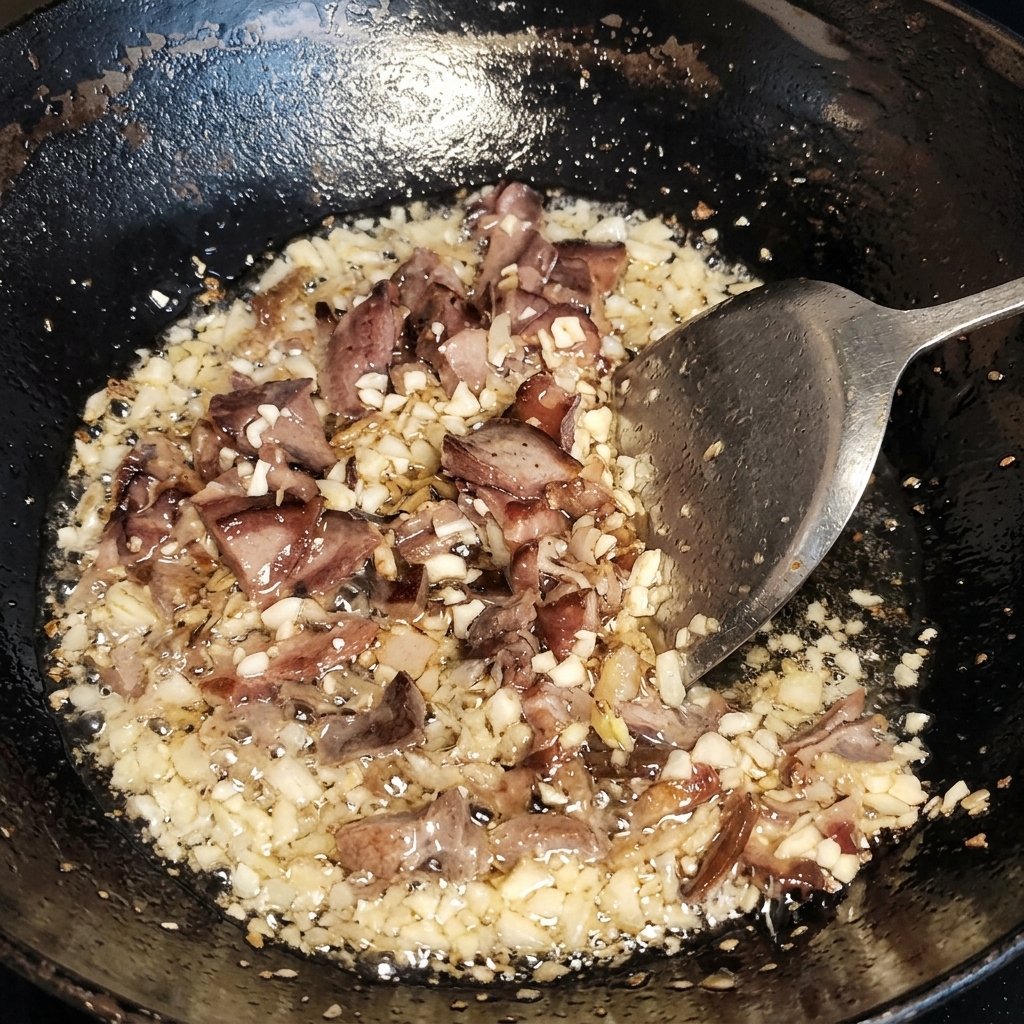 Bœuf et ail sautant dans un wok avec une spatule, lhuile pétille autour.