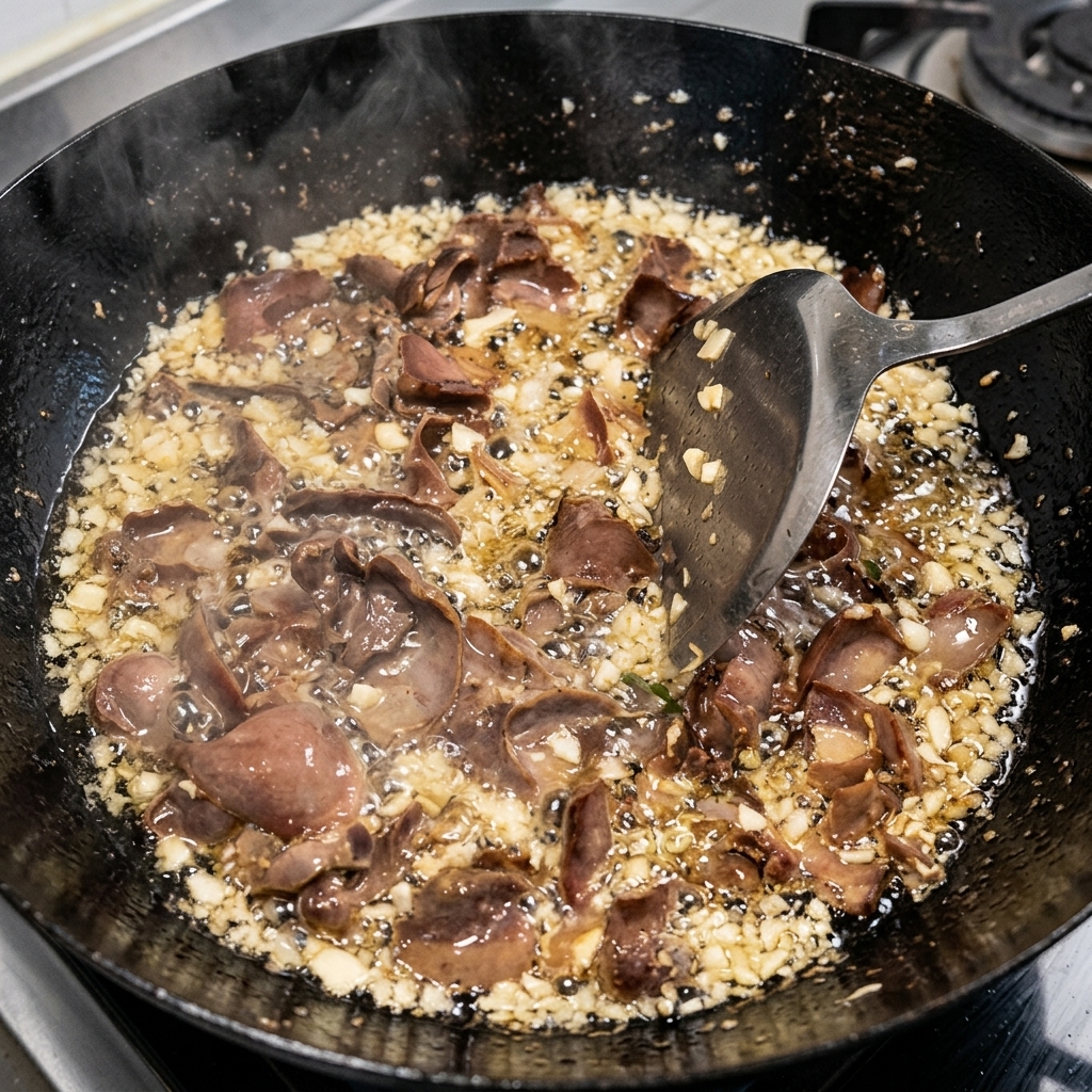 Gingembre émincé et flocons de piment ajoutés au mélange de bœuf dans le wok.