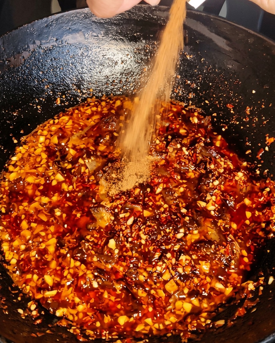Poudre dépices ajoutée au mélange de bœuf et de piment mijotant.