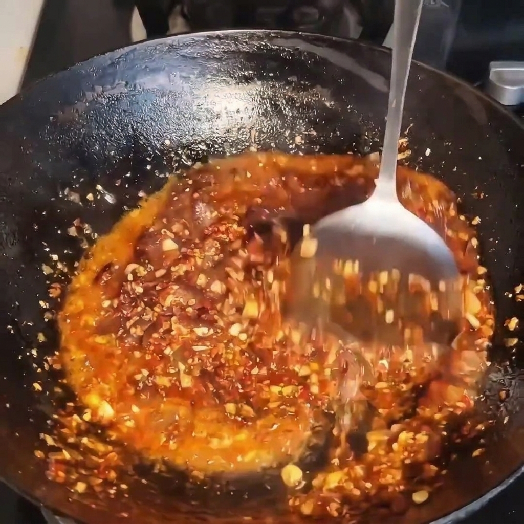 Une spatule en métal mélangeant la sauce pimentée au bœuf dans un wok.