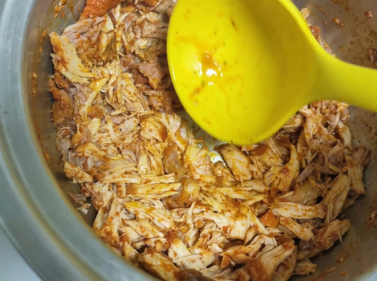 Viande de porc effilochée mélangée dans une grande cocotte avec une louche jaune.