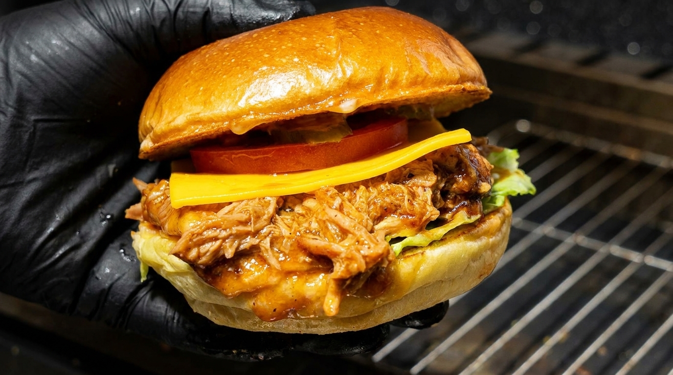 Un généreux burger au porc effiloché agrémenté de viande fondante, de fromage fondu et de tomate fraîche sur un pain doré.
