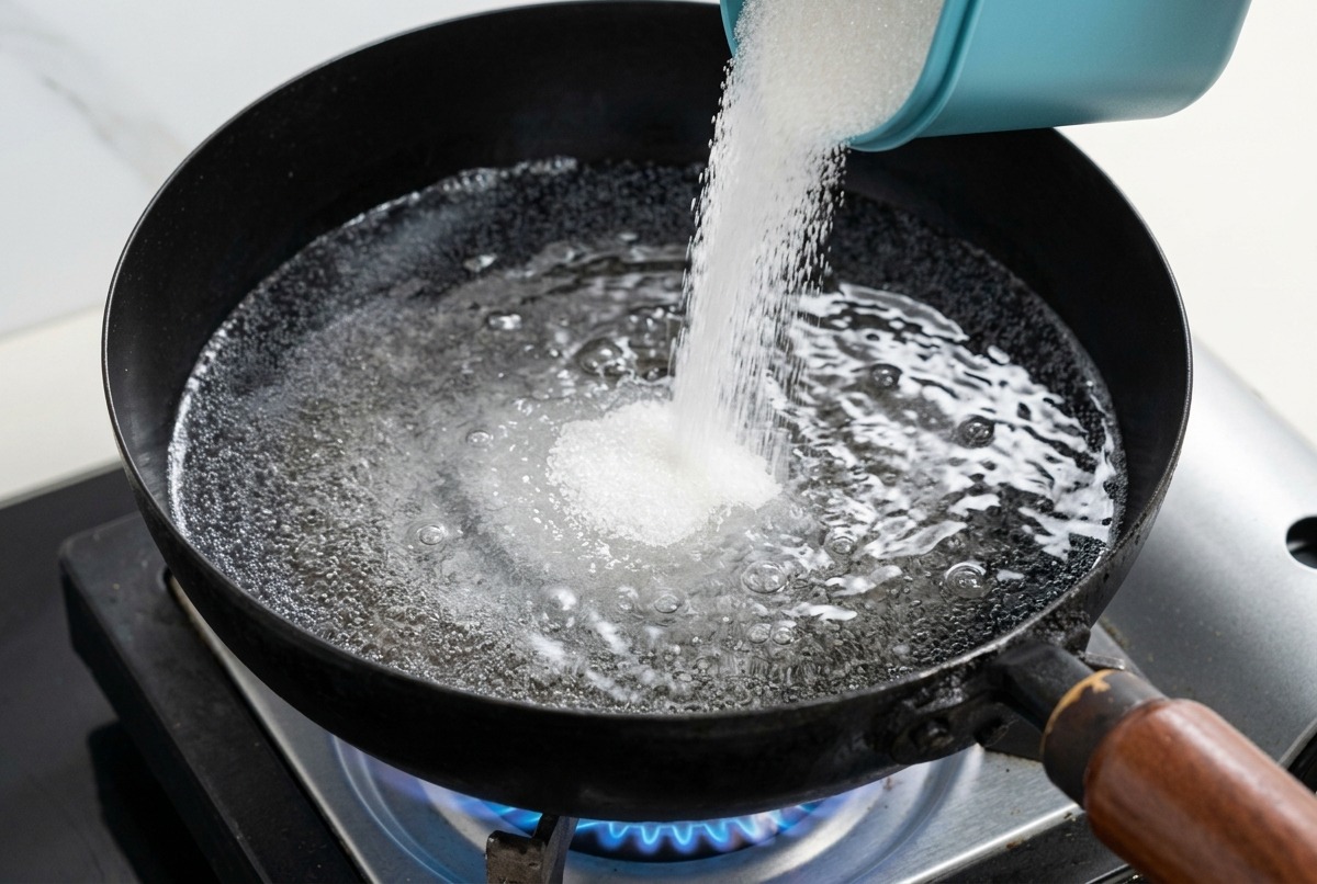 Du sel versé dun récipient bleu dans une casserole deau bouillante avec des gouttes dhuile visibles à la surface.