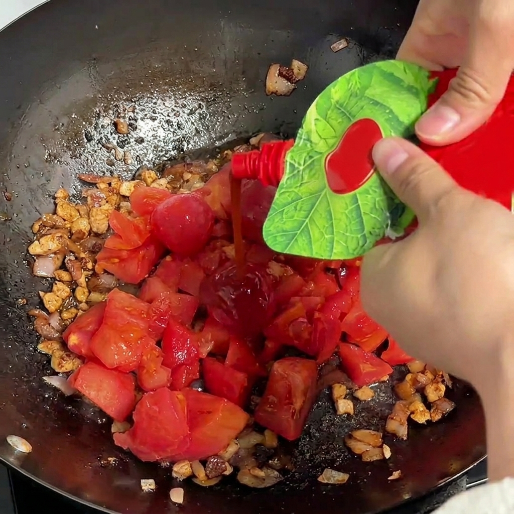 Concentré de tomate rouge épaisse versé dun sachet dans le mélange de viande et de tomates mijotant dans un wok.