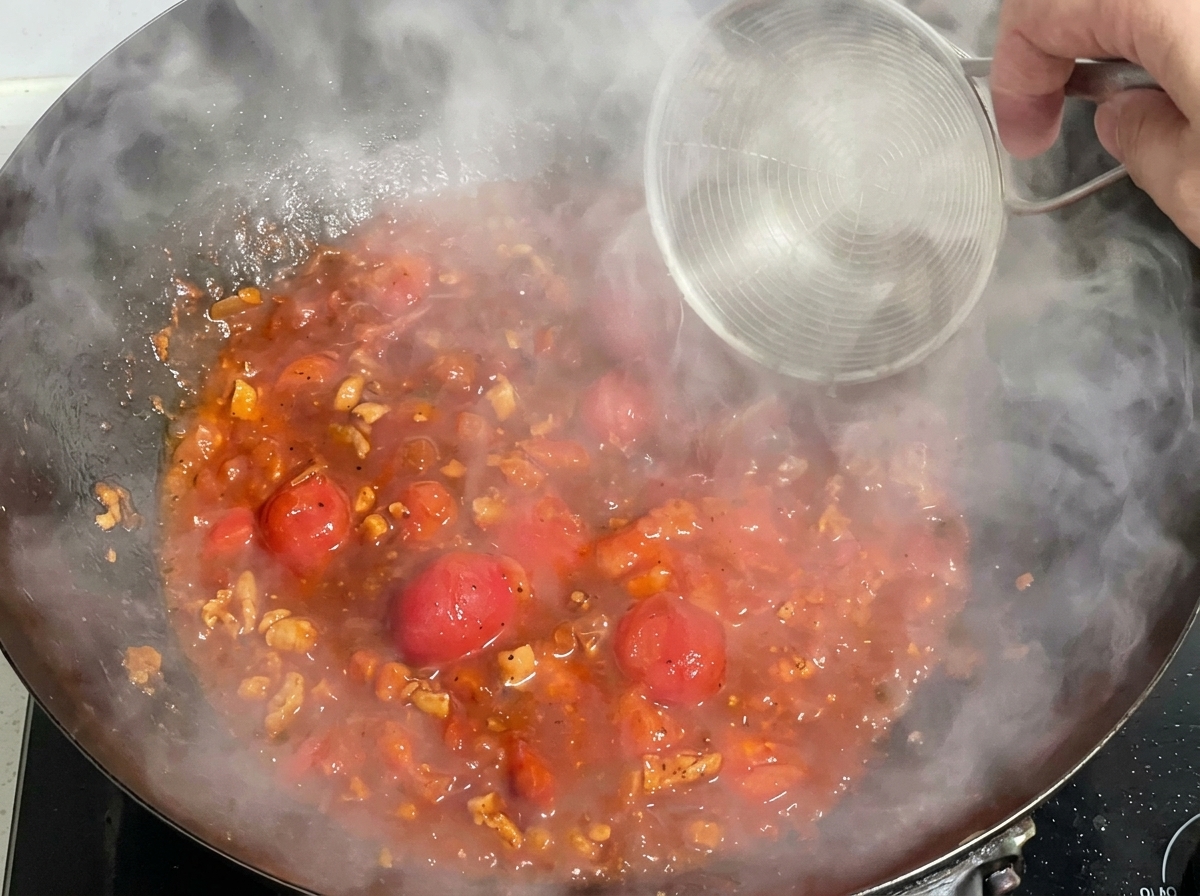 Un petit bol deau versé dans la sauce rouge tomate-viande qui mijote dans un wok.