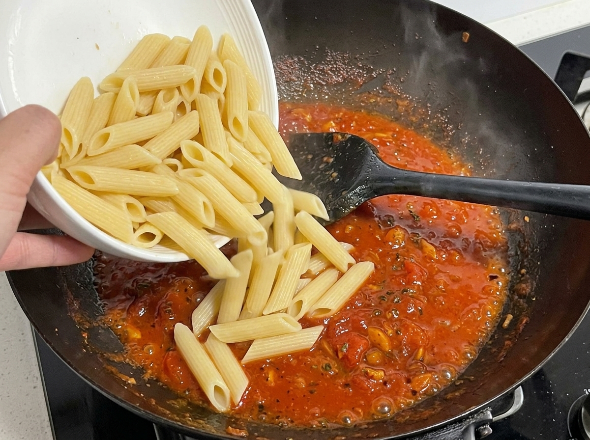 Penne cuites versées dun bol blanc dans la sauce rouge bouillonnante dans un wok.