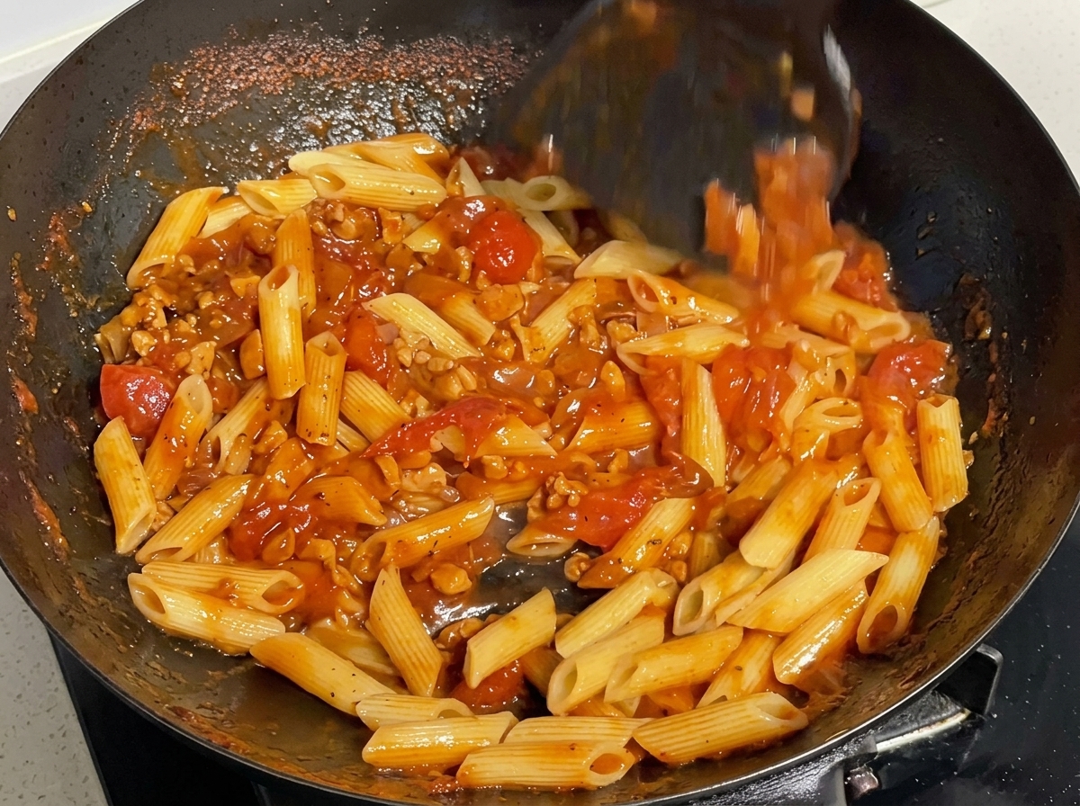 Une spatule noire mélangeant les pâtes cuites dans une sauce tomate à la viande rouge bouillonnante dans un wok chaud.