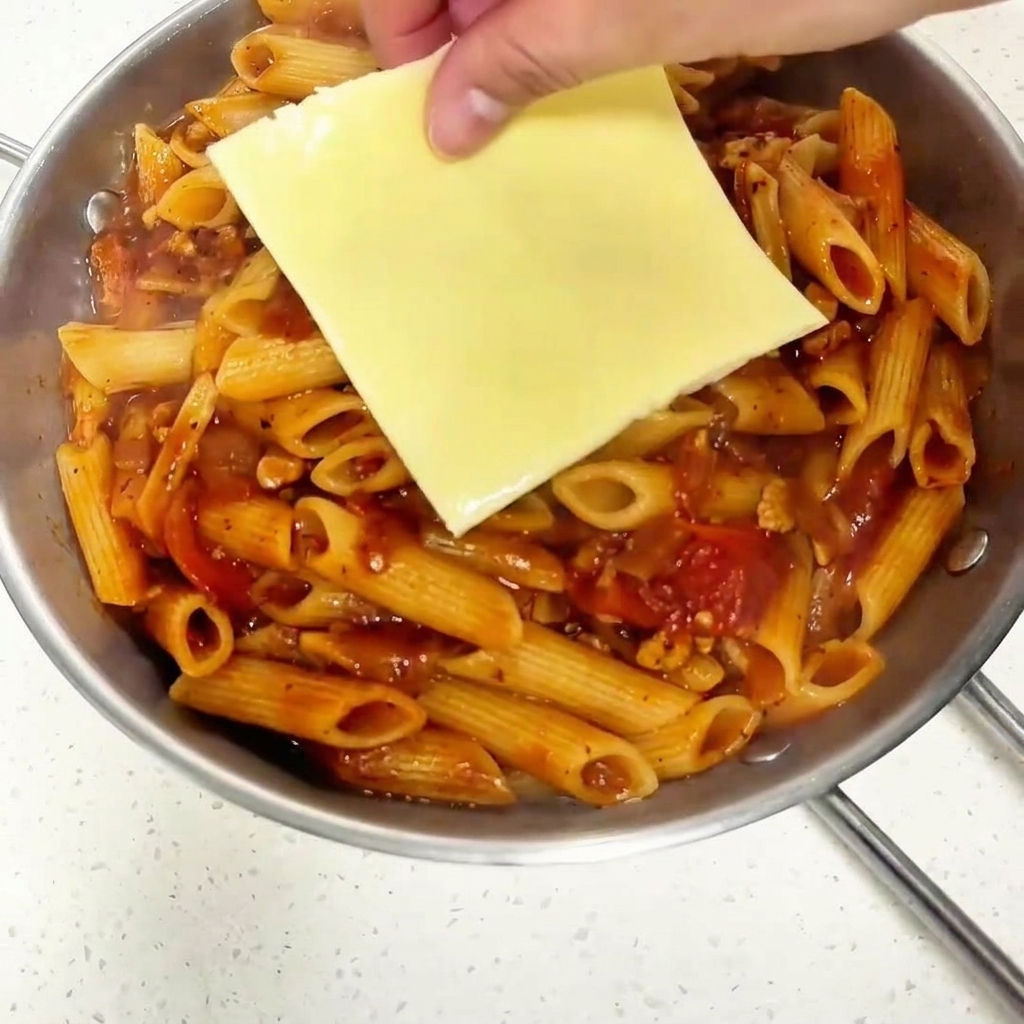 Une tranche de fromage jaune pâle déposée sur le macaroni à la viande terminé dans un plat de service.