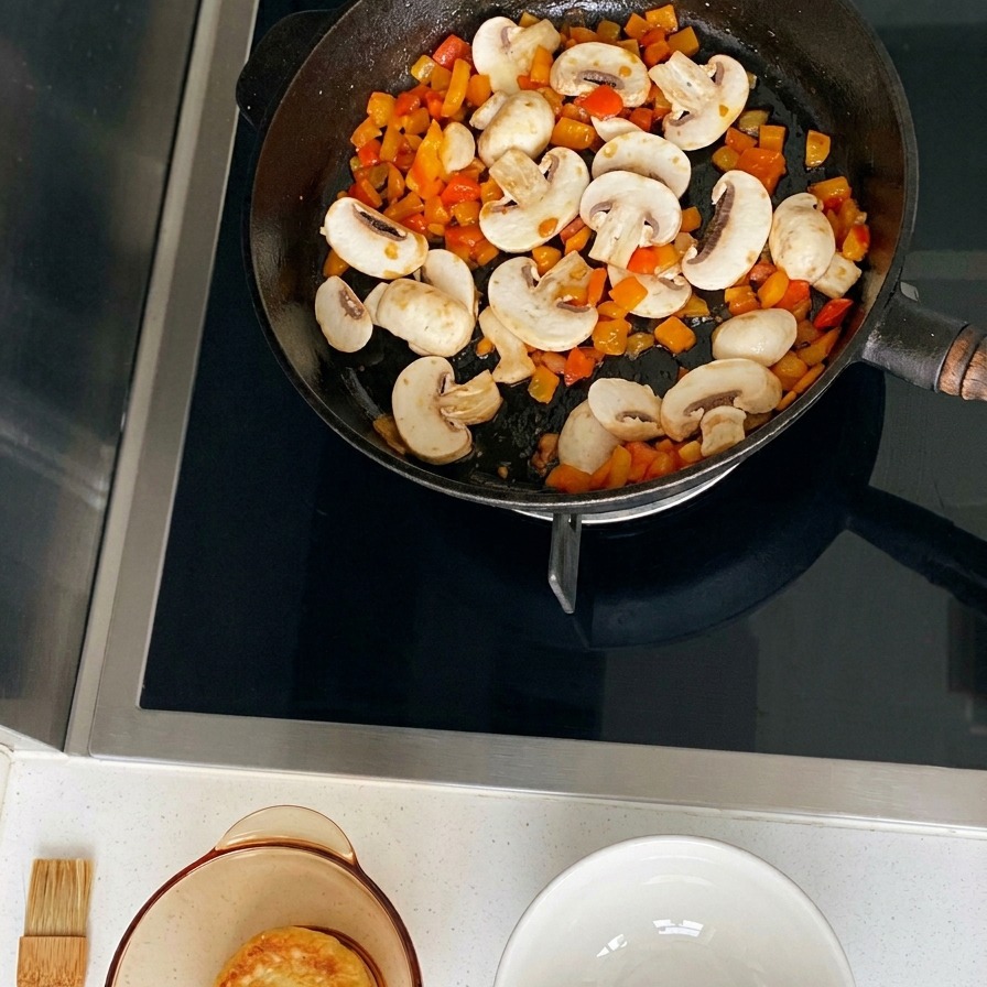 Des champignons émincés et de la viande sautés ensemble dans une poêle noire.
