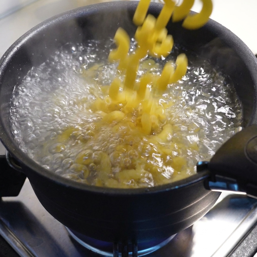 Des macaronis secs versés dans une casserole deau en pleine ébullition.