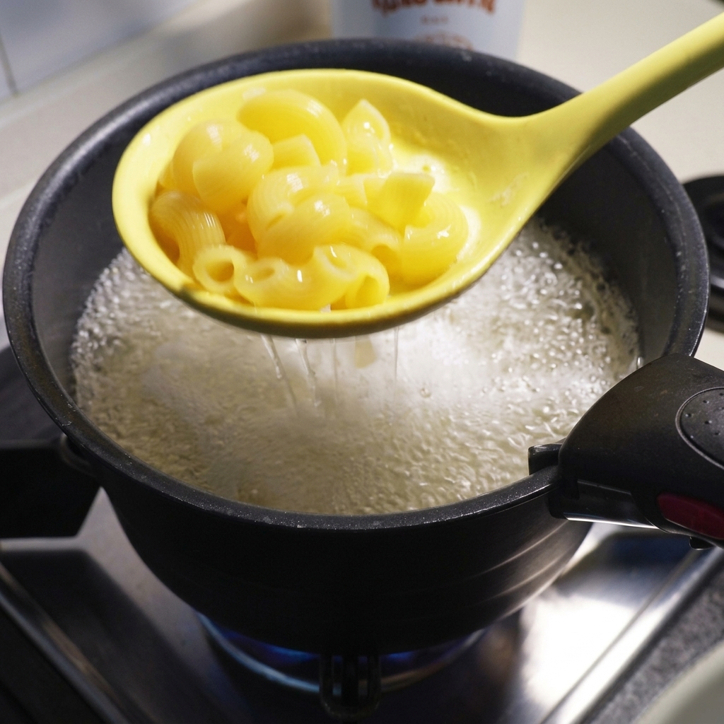 Une écumoire jaune soulevant des macaronis cuits hors dune casserole deau fumante.