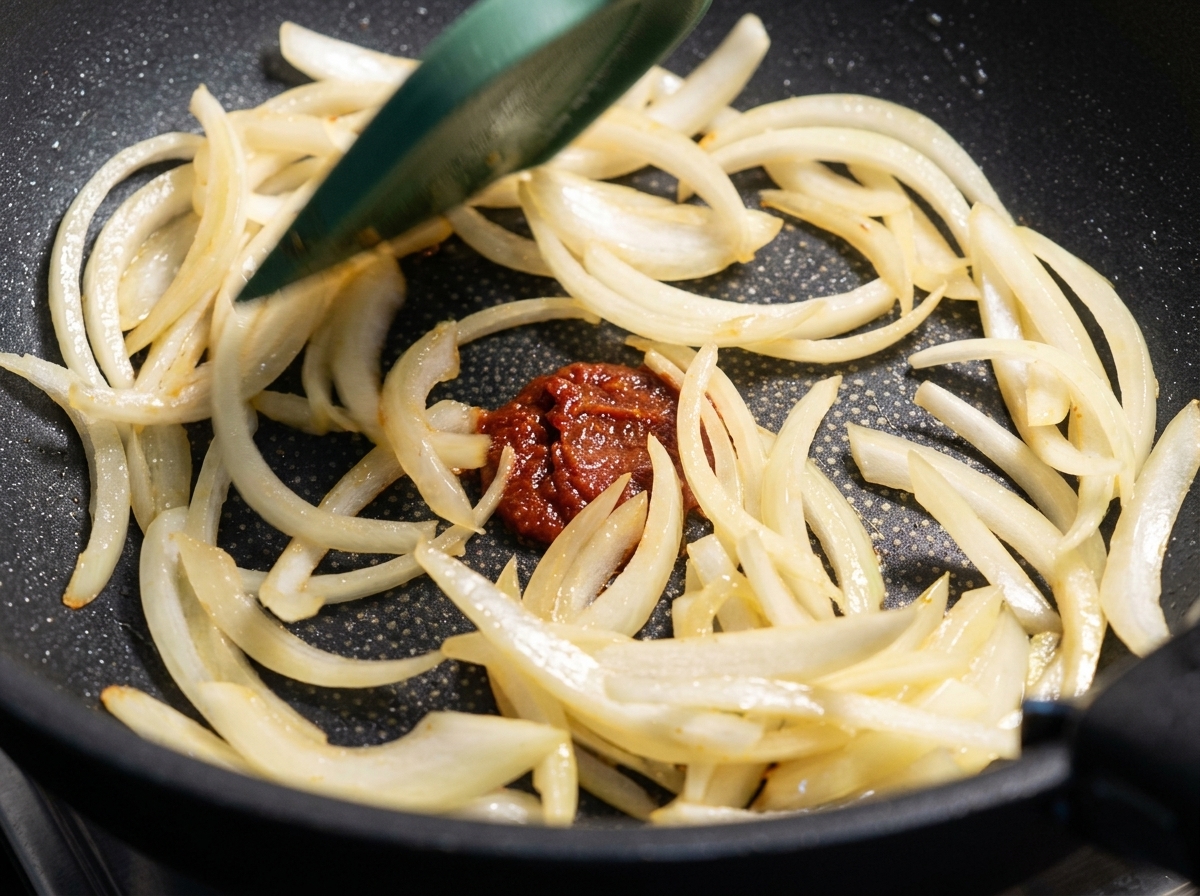 Tranches doignons blancs sautées dans une poêle avec une spatule.