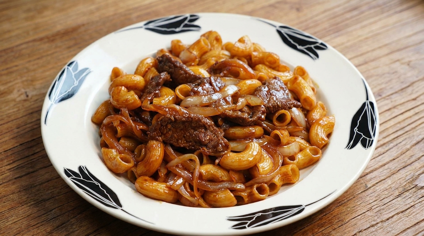 Savoureux macaronis au bœuf sauté, parfaitement enrobés dun riche glaçage au soja.