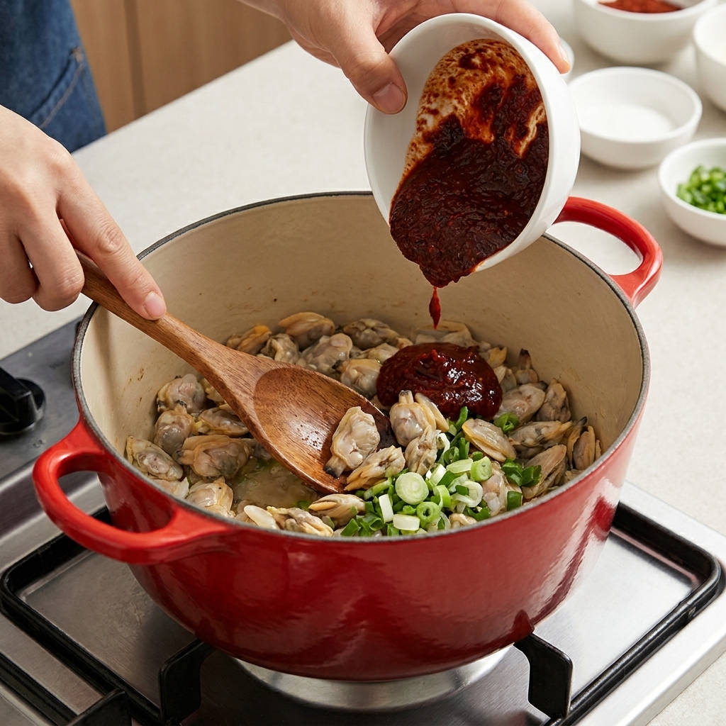 Mélange épais de pâtes rouges et brunes versé dans la marmite avec les palourdes et la ciboule.
