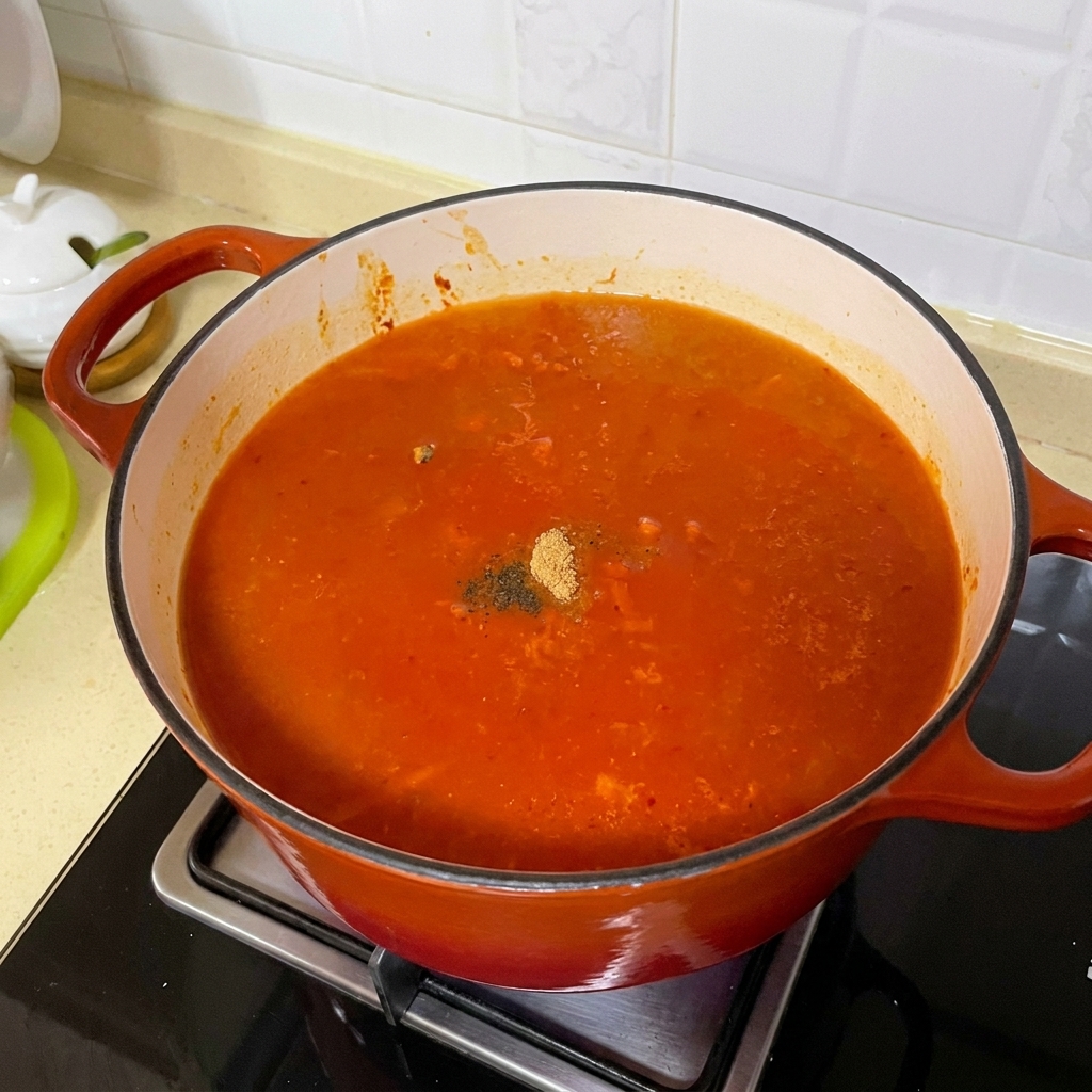 Assaisonnements en poudre saupoudrés dans un bouillon rouge bouillonnant.