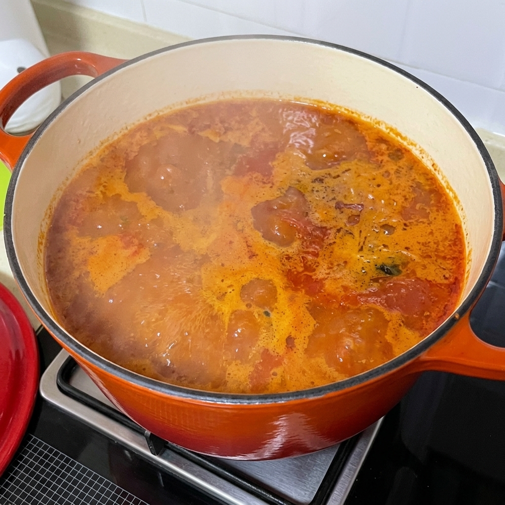 Tranches de pommes de terre fraîchement coupées ajoutées à la soupe de palourdes épicée bouillonnante.