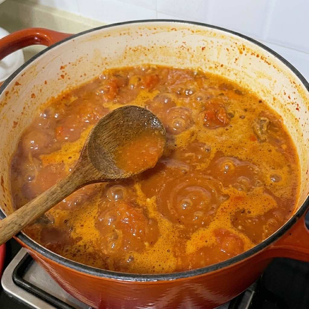 Ail haché et sauce soja claire incorporés dans la riche soupe rouge aux palourdes.