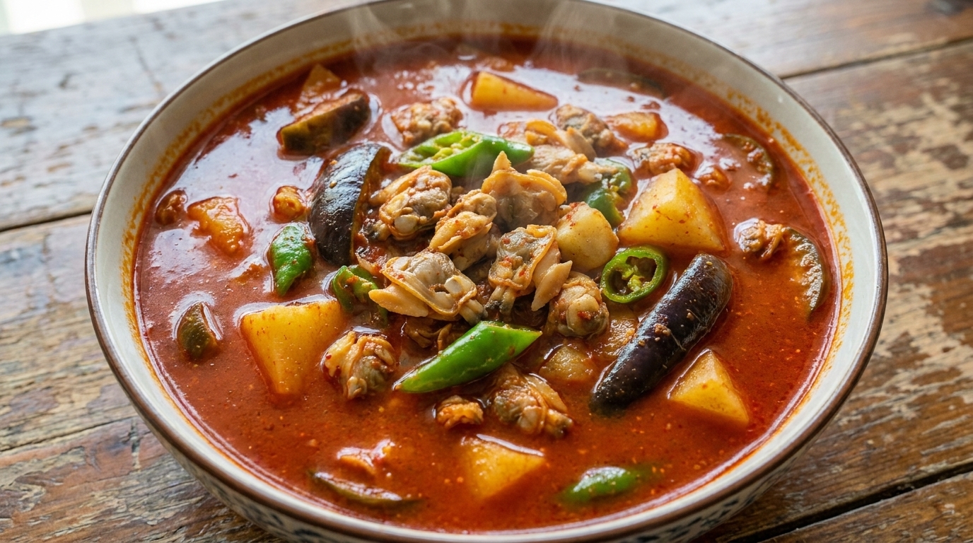 Un bol fumant de soupe aux palourdes épicée dun rouge éclatant, garnie de chair de palourde, de rondelles de pommes de terre et de morceaux daubergine.