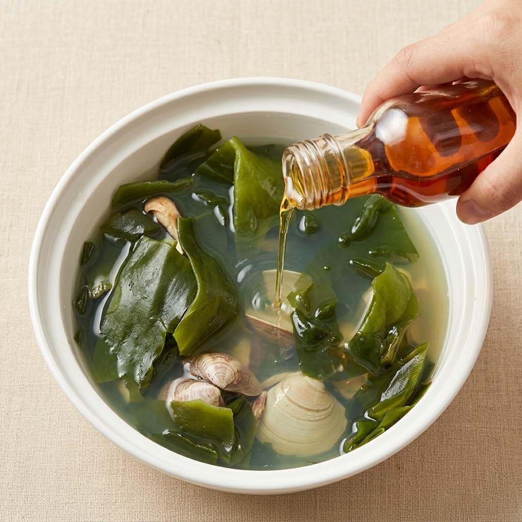Une soupe de palourdes et dalgues claire et aromatique, terminée par un filet dhuile de sésame dorée.