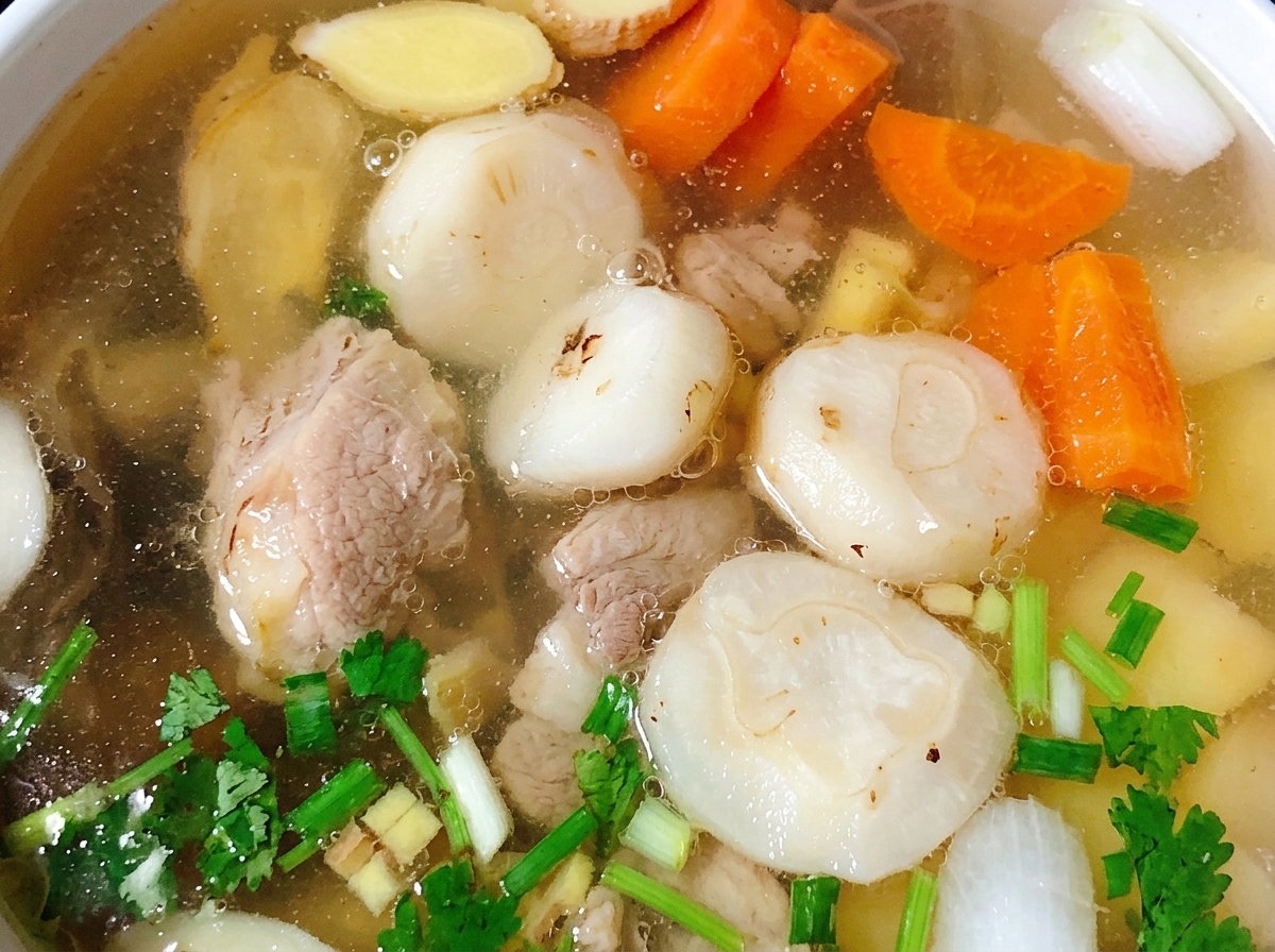 Une marmite de soupe de poulet frémissante avec des carottes, des pommes de terre et des châtaignes deau.