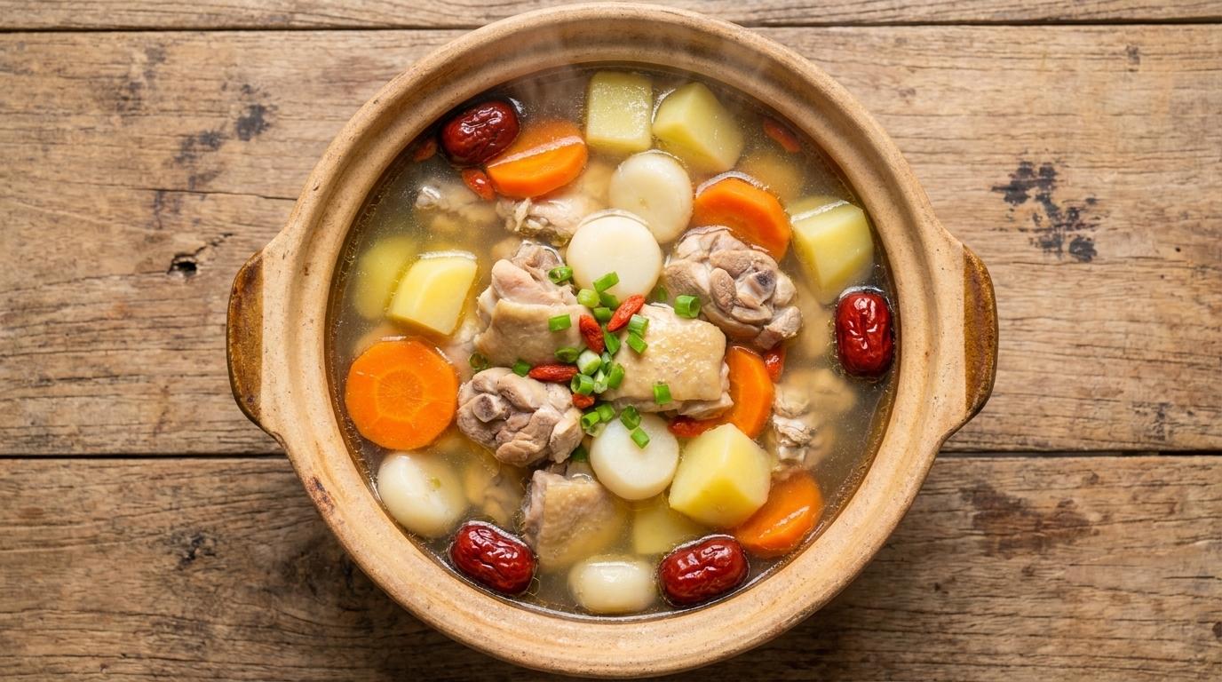 Un bol nourrissant de soupe de poulet aux morceaux tendres, carottes, pommes de terre, châtaignes deau et dattes rouges.