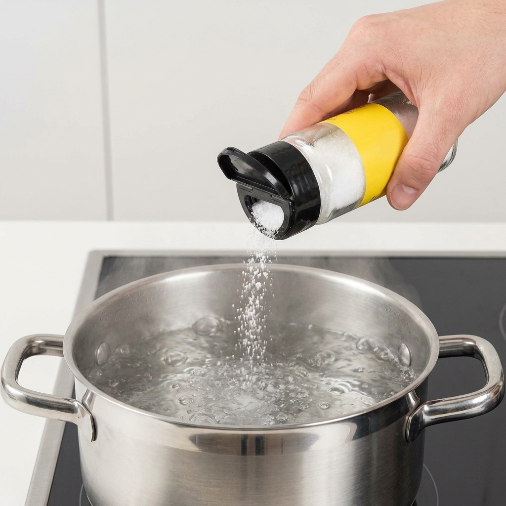 Gros plan dune main saupoudrant du sel dans une casserole deau bouillante sur le feu.