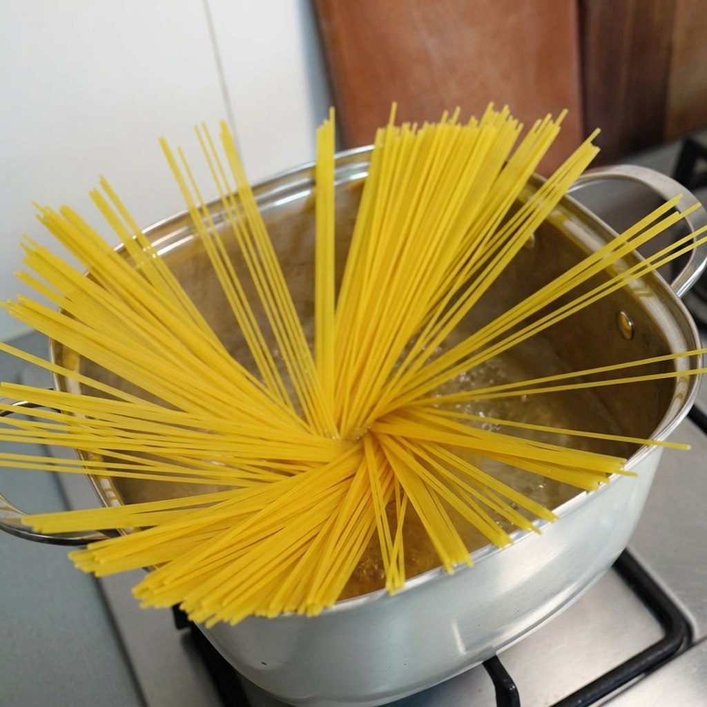 Des spaghettis crus disposés en éventail et plongés dans une casserole deau bouillante.