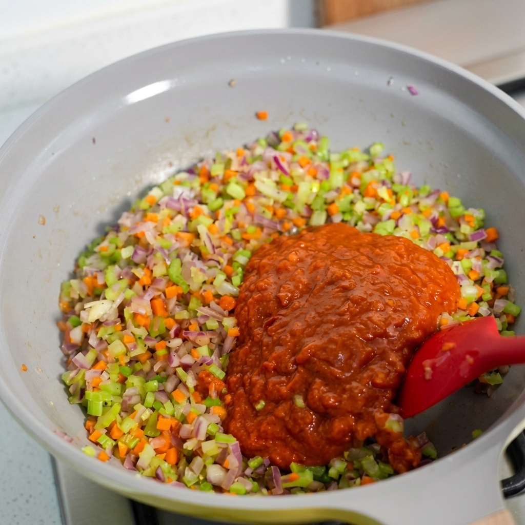 De la sauce tomate versée dans une poêle contenant des légumes sautés.