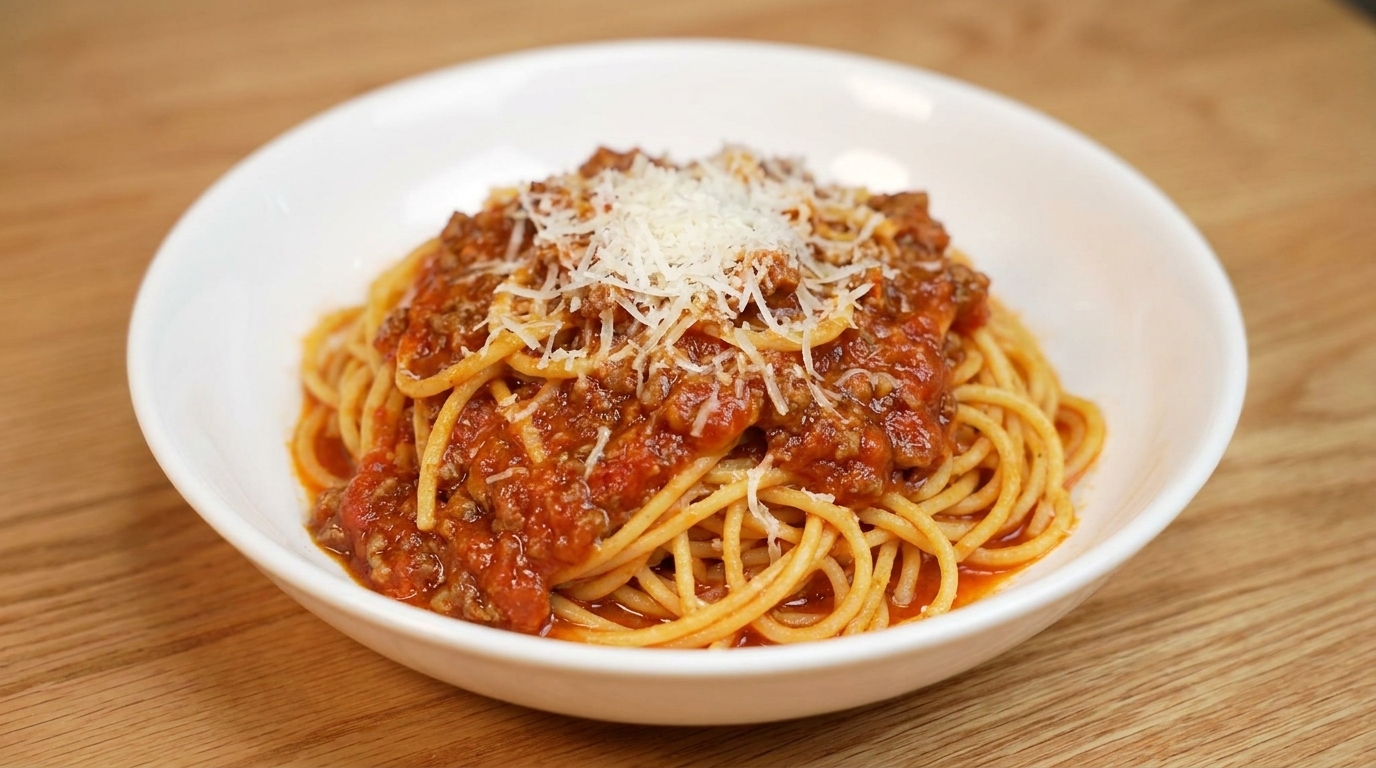 Un généreux bol de spaghettis garnis dune sauce riche à la viande et à la tomate, le tout saupoudré de parmesan fraîchement râpé.