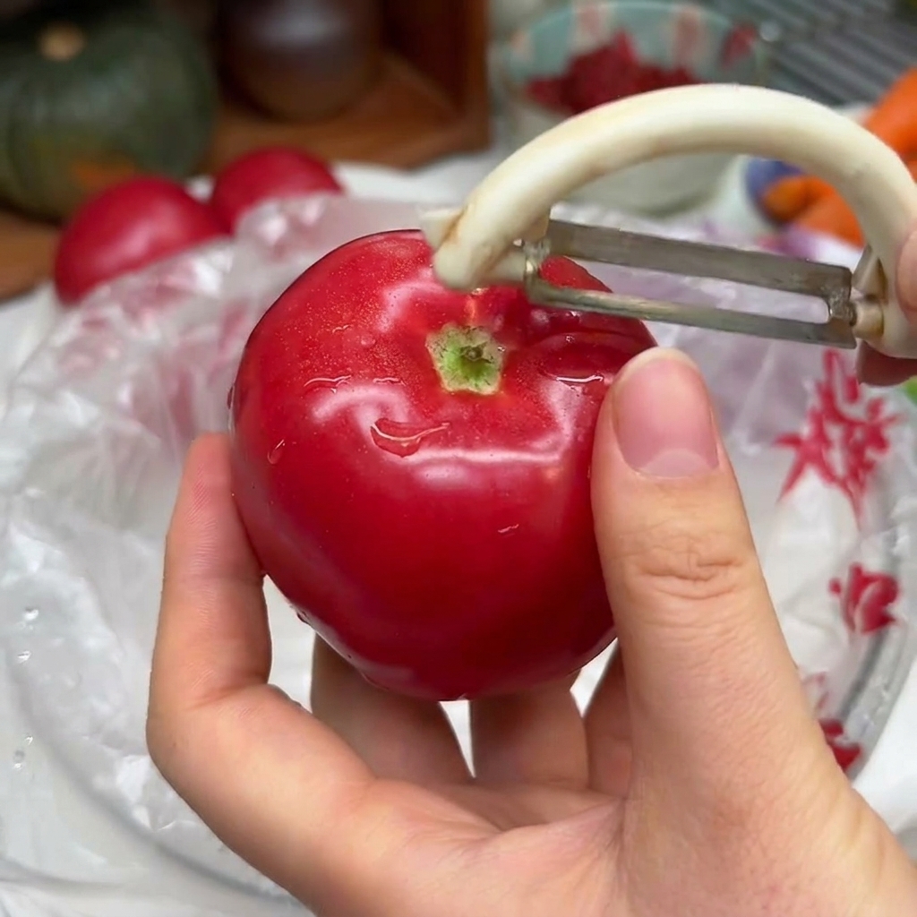 Mains tenant une tomate rouge éclatante et utilisant un économe blanc pour retirer la peau.