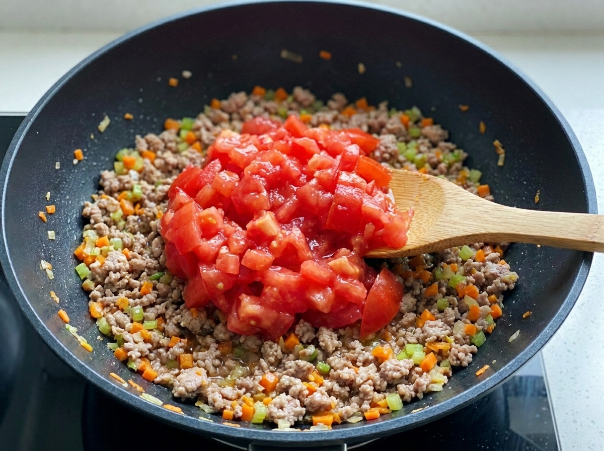 Tomates en dés et une cuillerée de concentré de tomate ajoutés au mélange viande-légumes dans un wok.