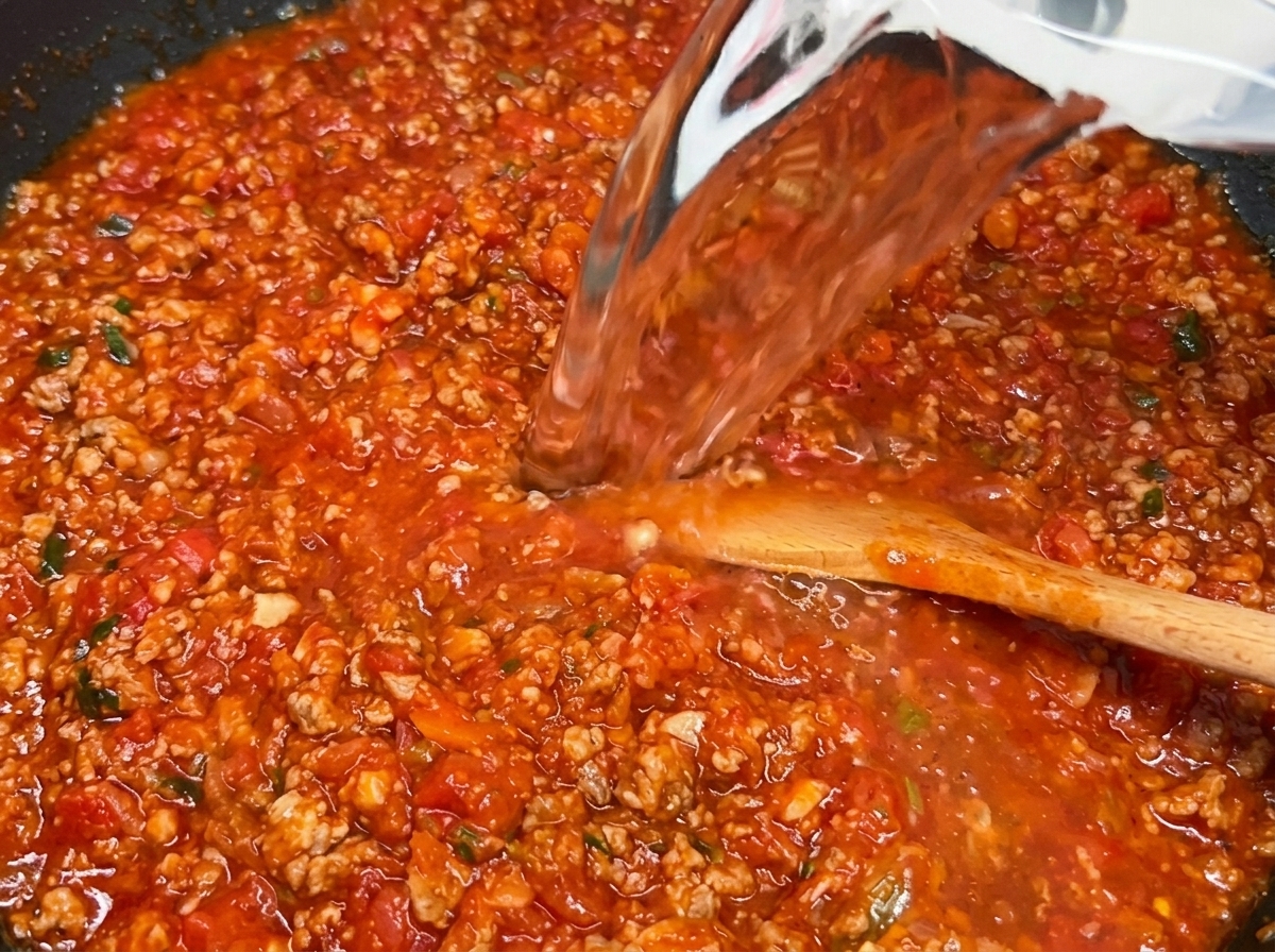 Eau versée depuis un récipient transparent sur la base de sauce tomate et viande dans une grande poêle.