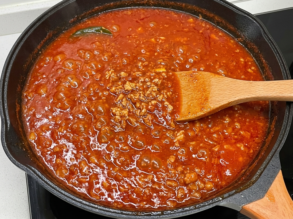Sauce tomate riche mijotant dans une poêle sombre, mélangée avec une cuillère en bois, affichant une texture épaisse.