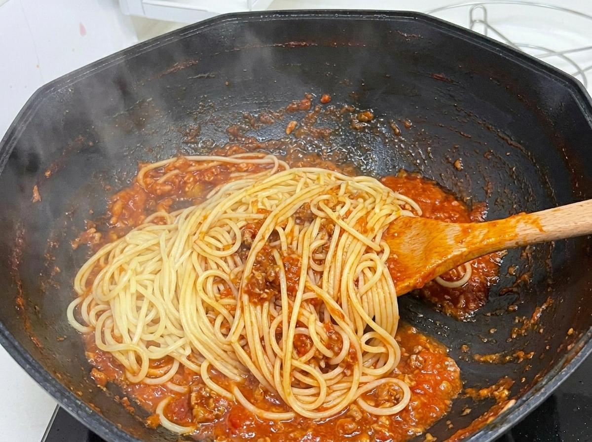 Spaghettis bouillis mélangés avec une riche sauce bolognaise dans un wok, avec de la vapeur séchappant.