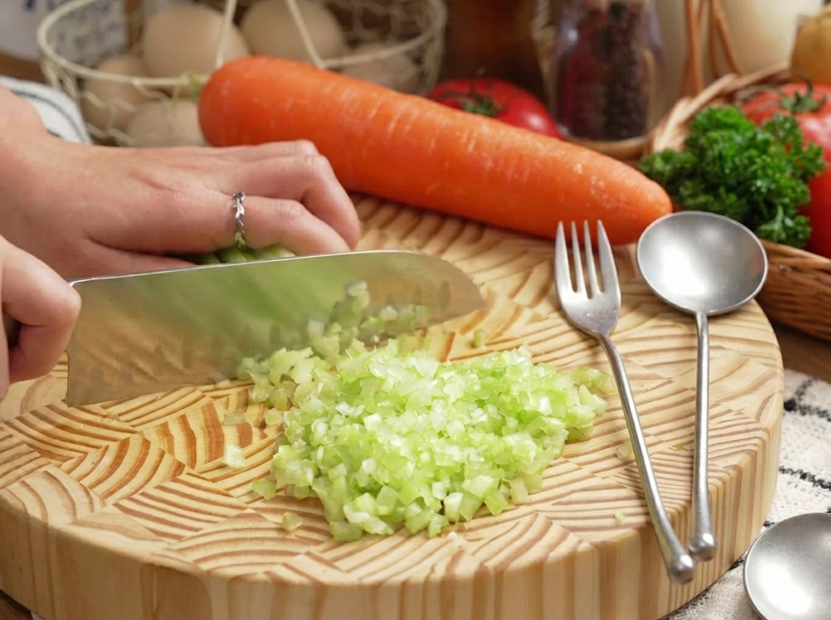 Mains utilisant un grand couteau pour hacher du céleri vert sur une planche à découper en bois ronde.