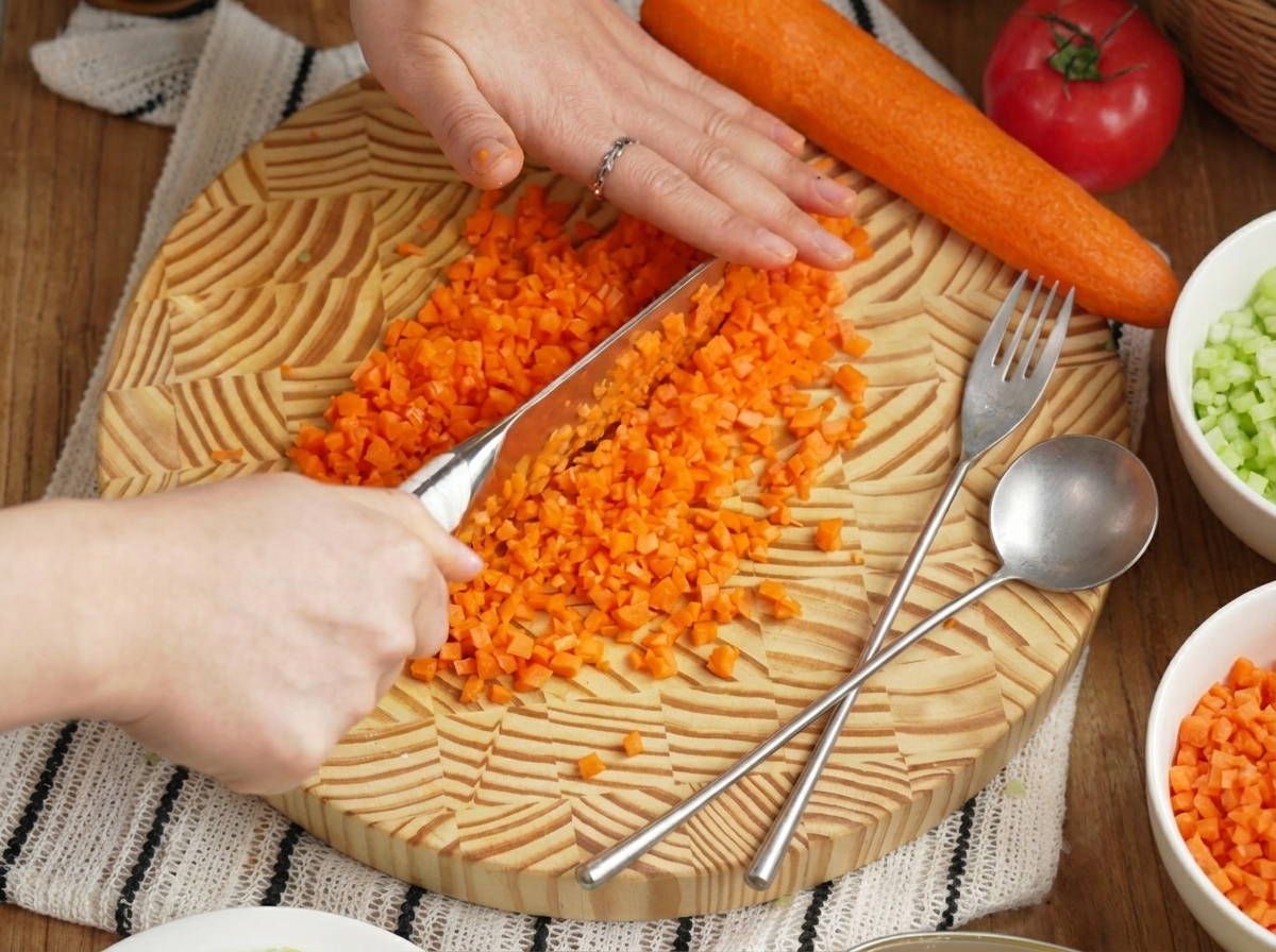 Mains coupant des carottes orange vif en petits dés sur une planche à découper en bois avec un couteau.