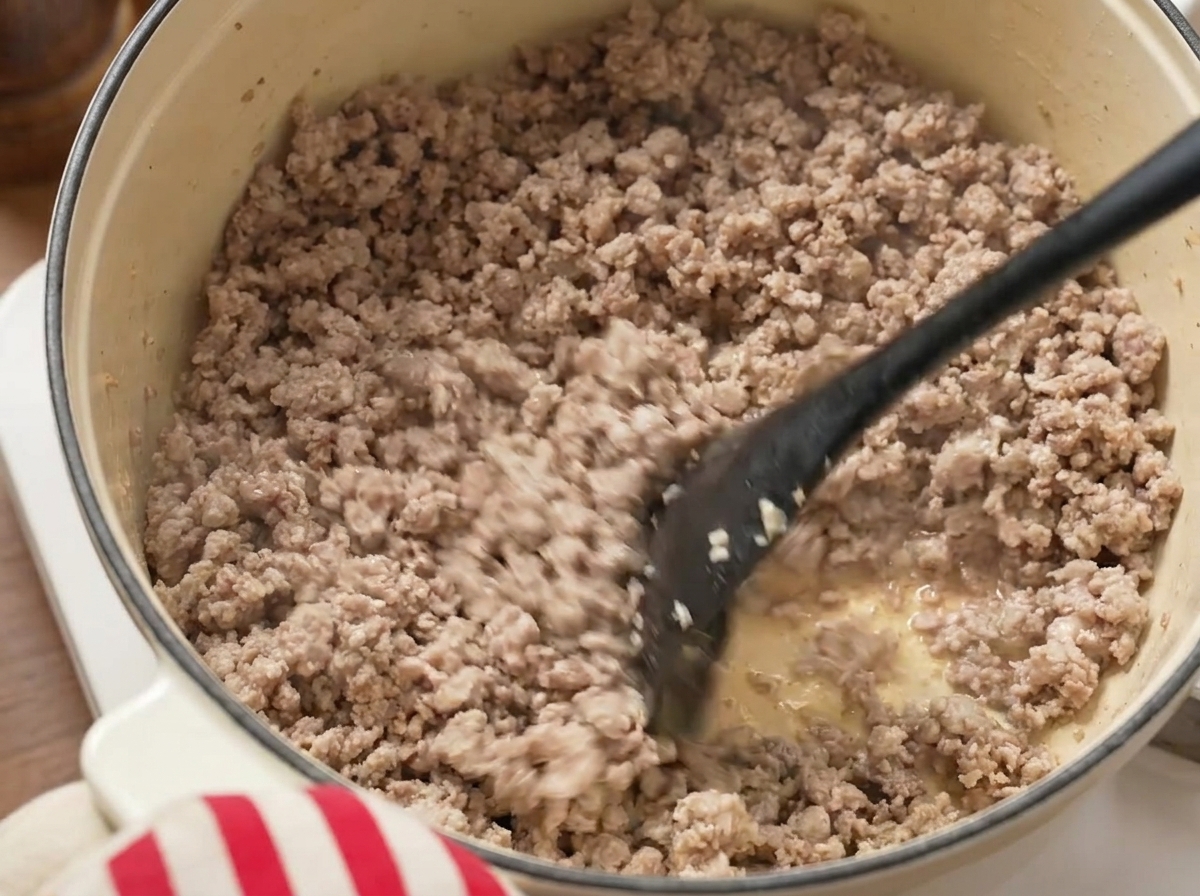 Sauter un mélange de porc et bœuf hachés dans une marmite avec une spatule noire.