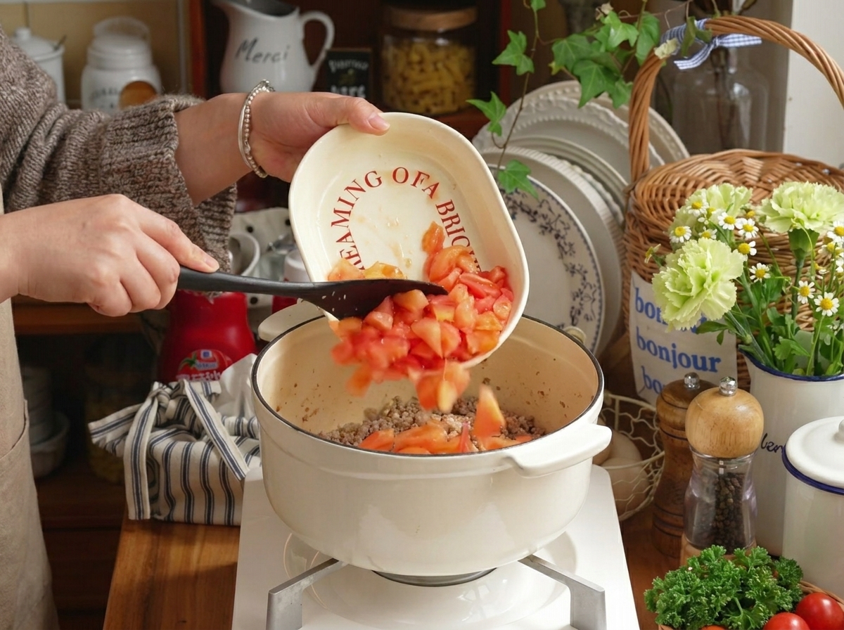 Tomates fraîches coupées en dés ajoutées au mélange de viande cuite dans la marmite.