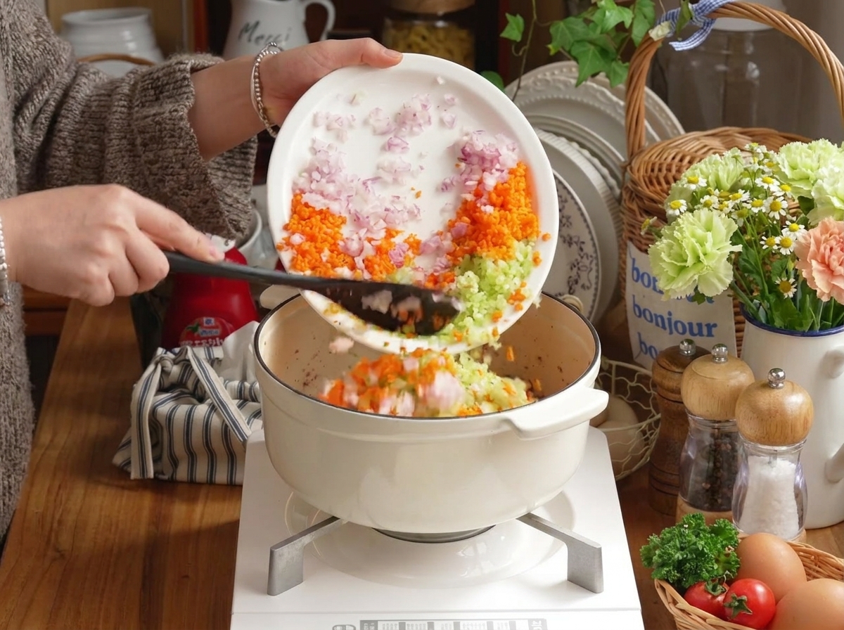 Carottes, céleri et oignons hachés ajoutés au mélange viande et tomates.